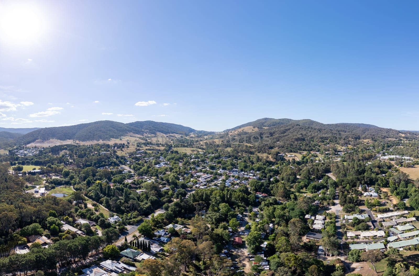 YACKANDANDAH, AUSTRALIA- DECEMBER 29 2023: An aerial view of the historic gold mining town of Yackandandah on a warm summers day in Victoria, Australia