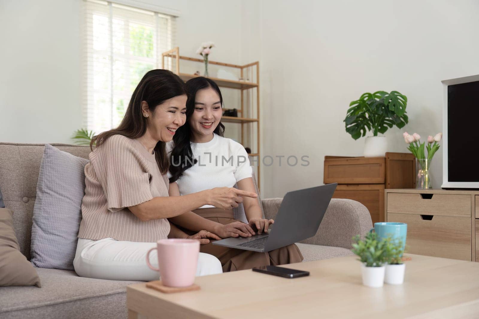 Senior mother and adult daughter relaxing and looking at laptop together at home by nateemee