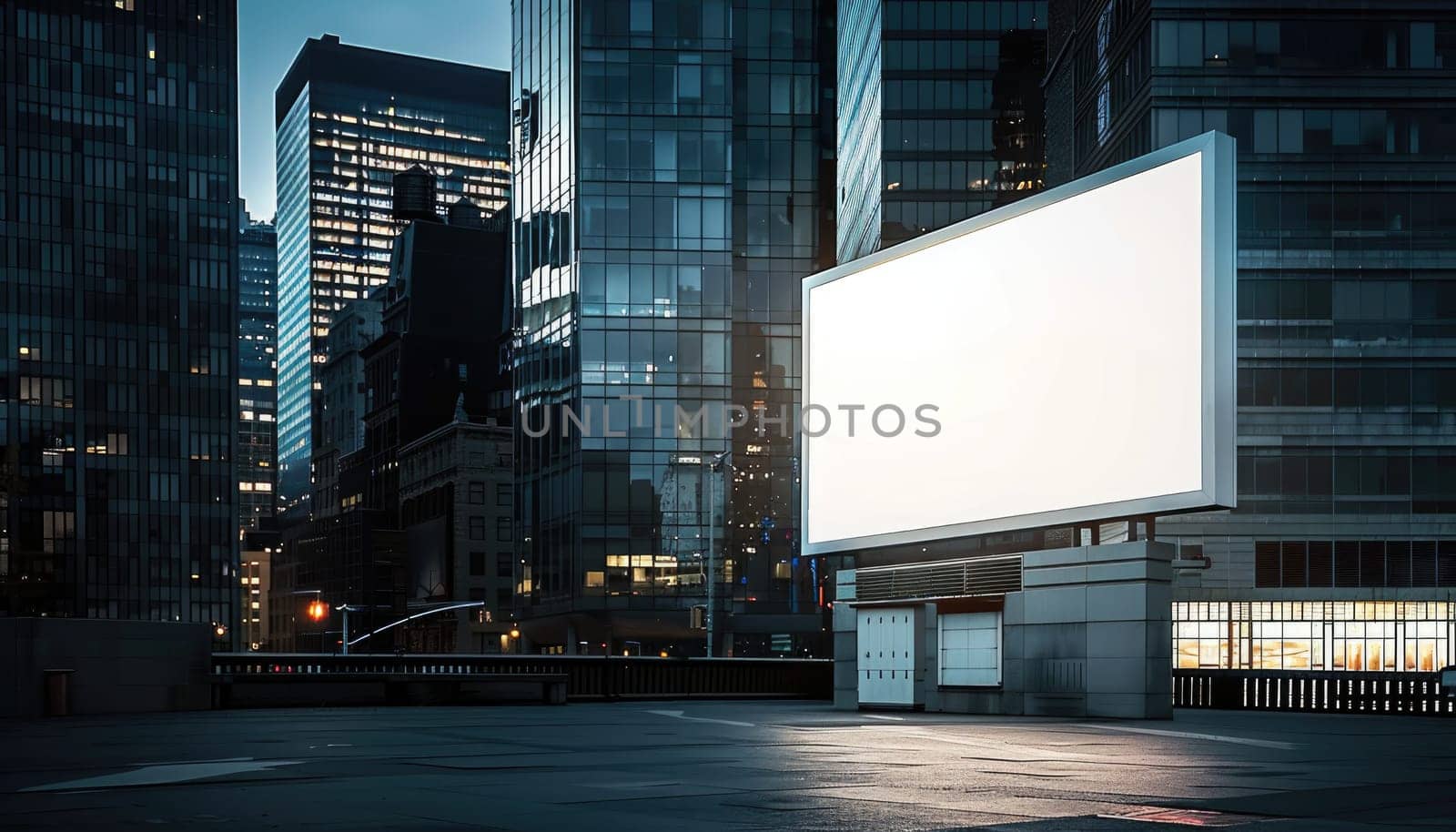 A city street at night with a large white billboard in the background by AI generated image.