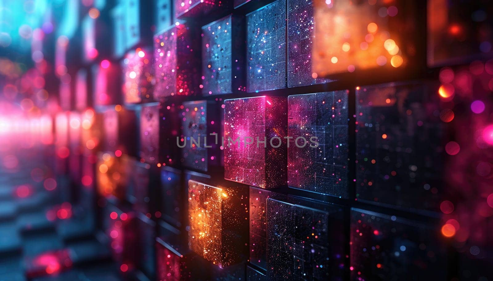 A colorful wall of cubes with a bright blue background by AI generated image.