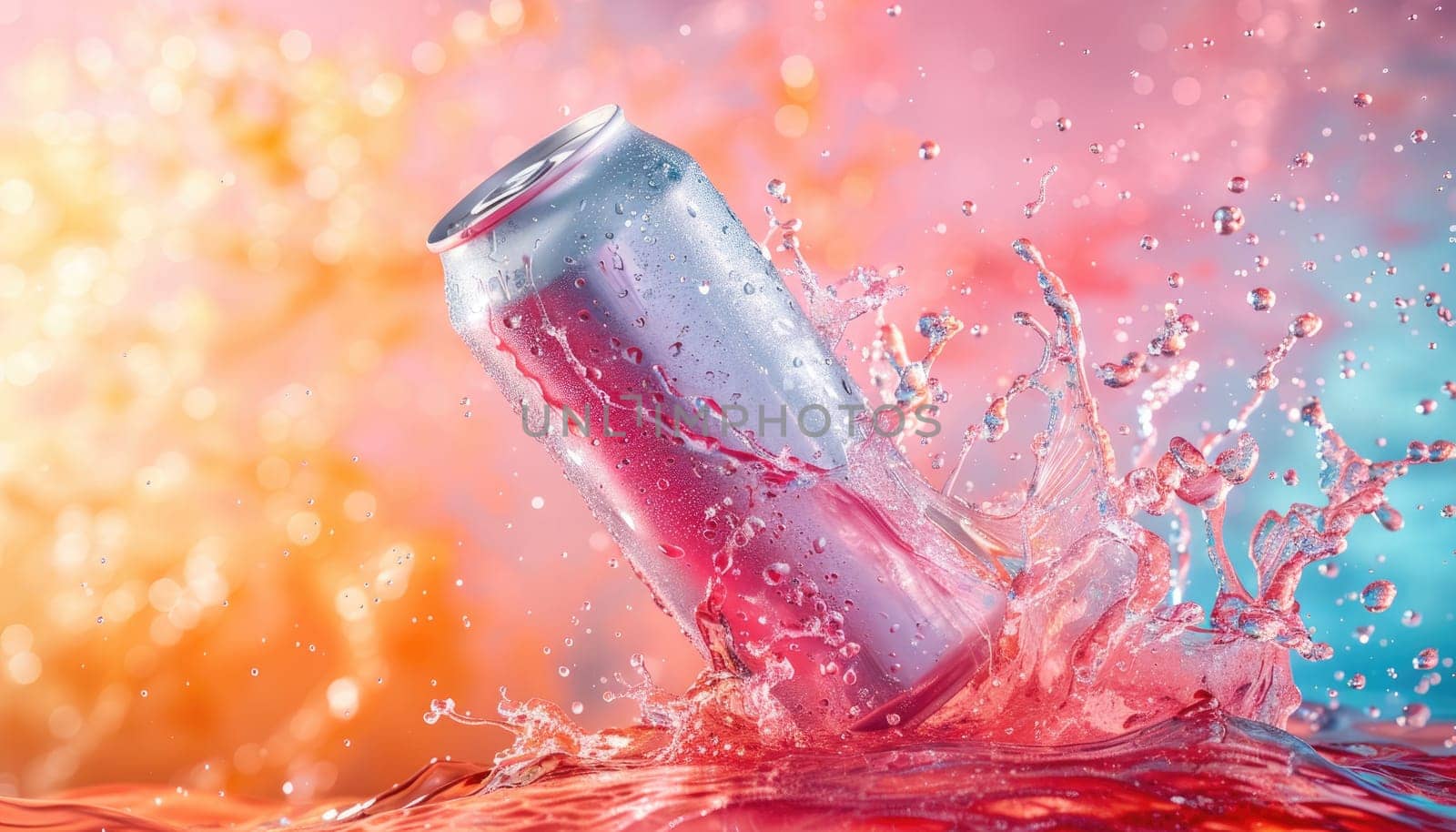 A can of soda is surrounded by a bunch of pink and blue balls by AI generated image.