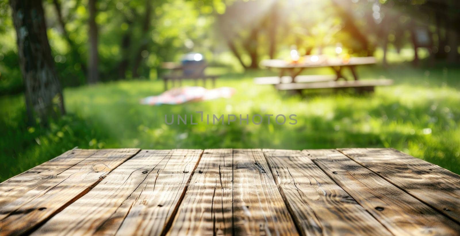 A wooden table with a bench in the background by AI generated image.