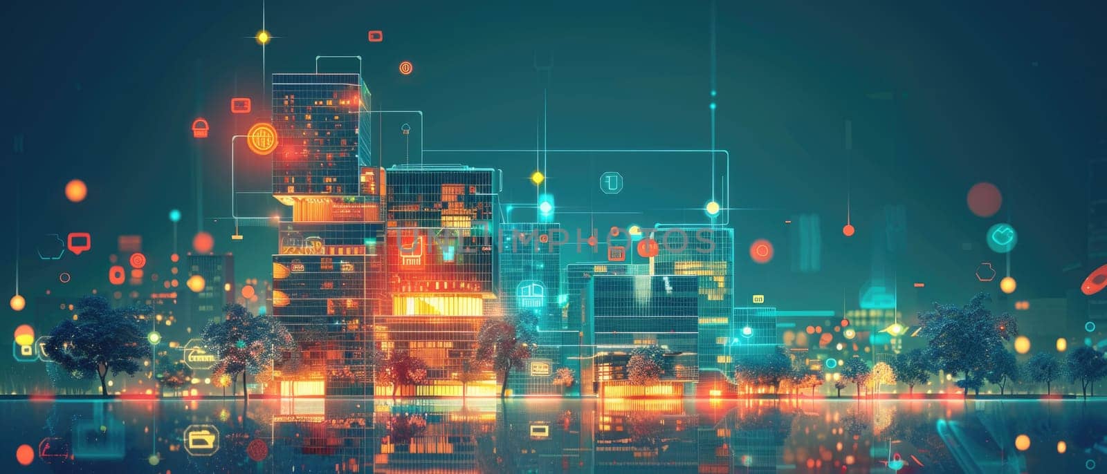 A cityscape with buildings lit up in neon colors by AI generated image.