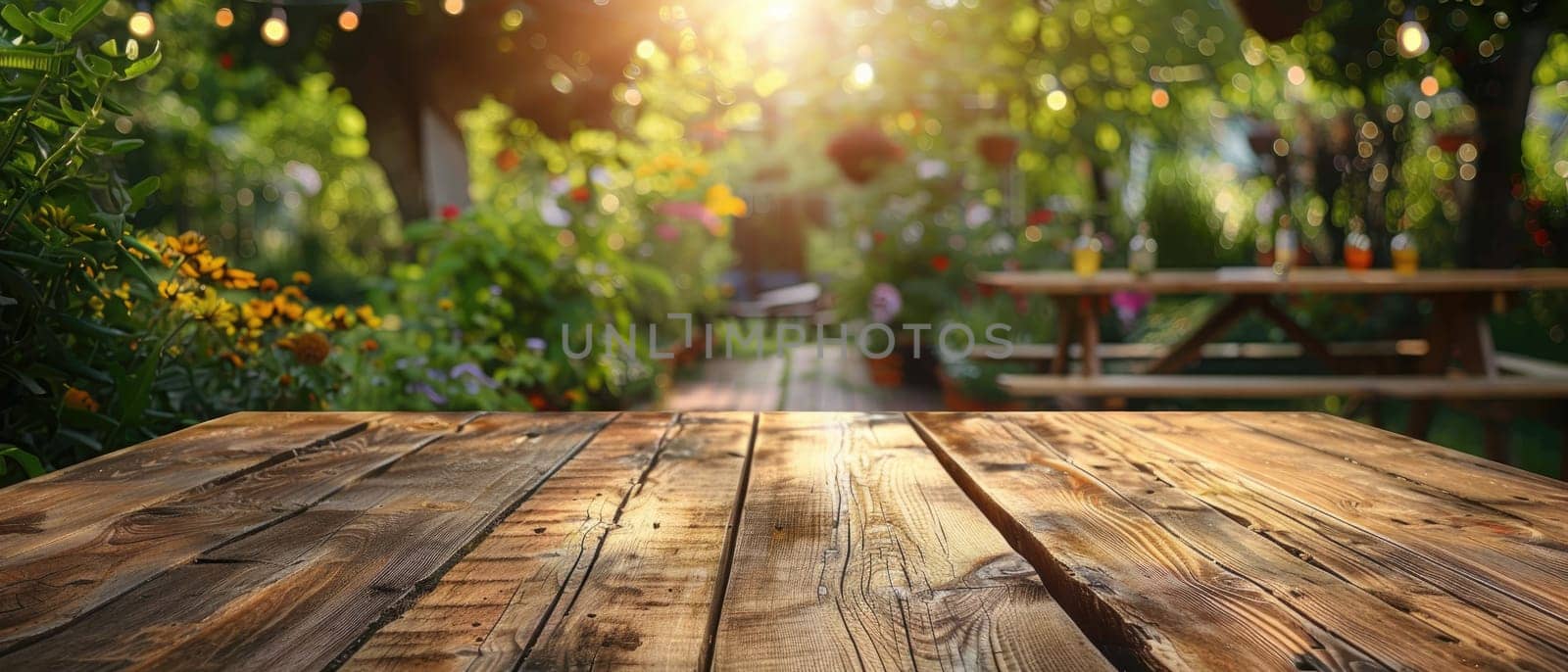 A wooden table with a bench in the background by AI generated image.