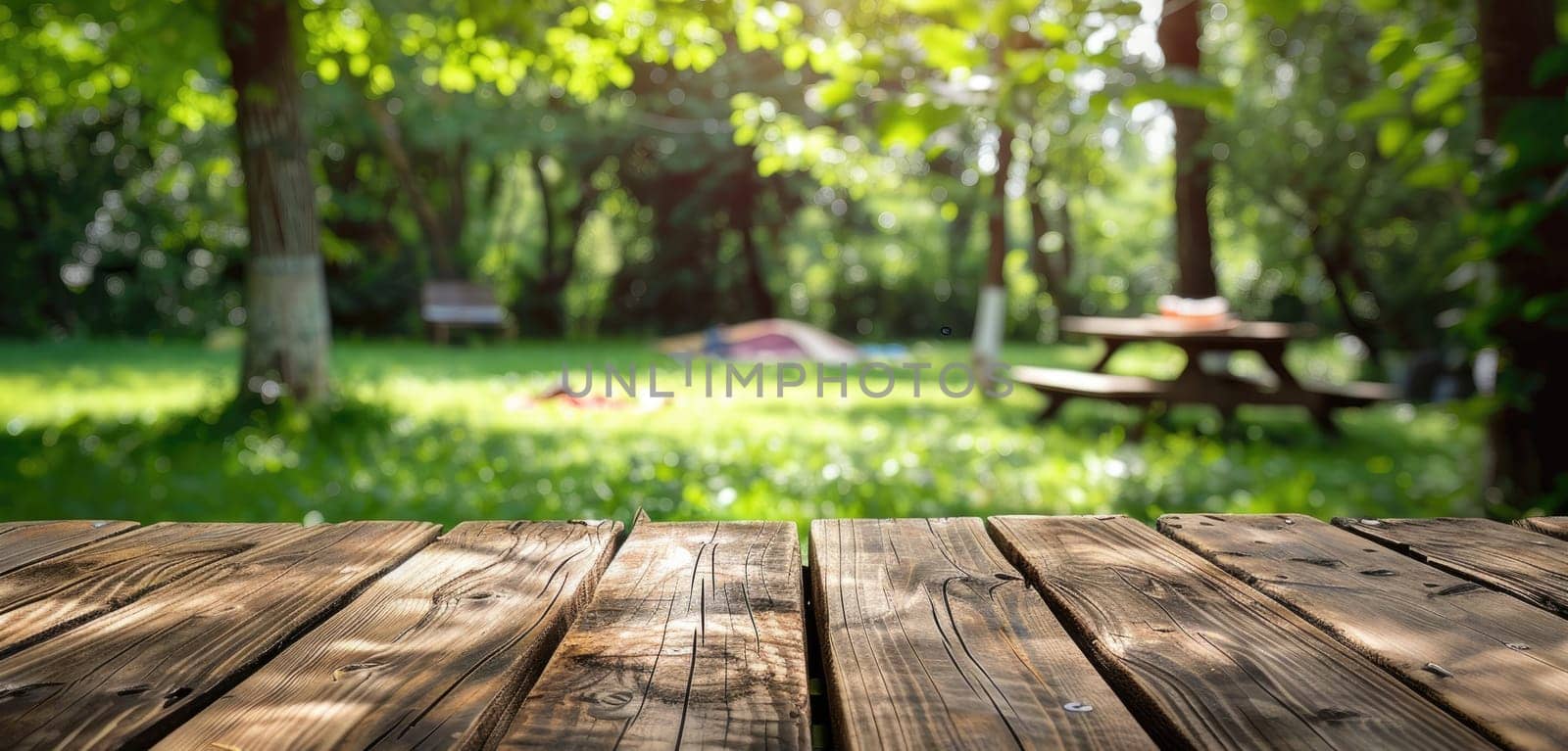 A wooden table with a bench in the background by AI generated image by wichayada