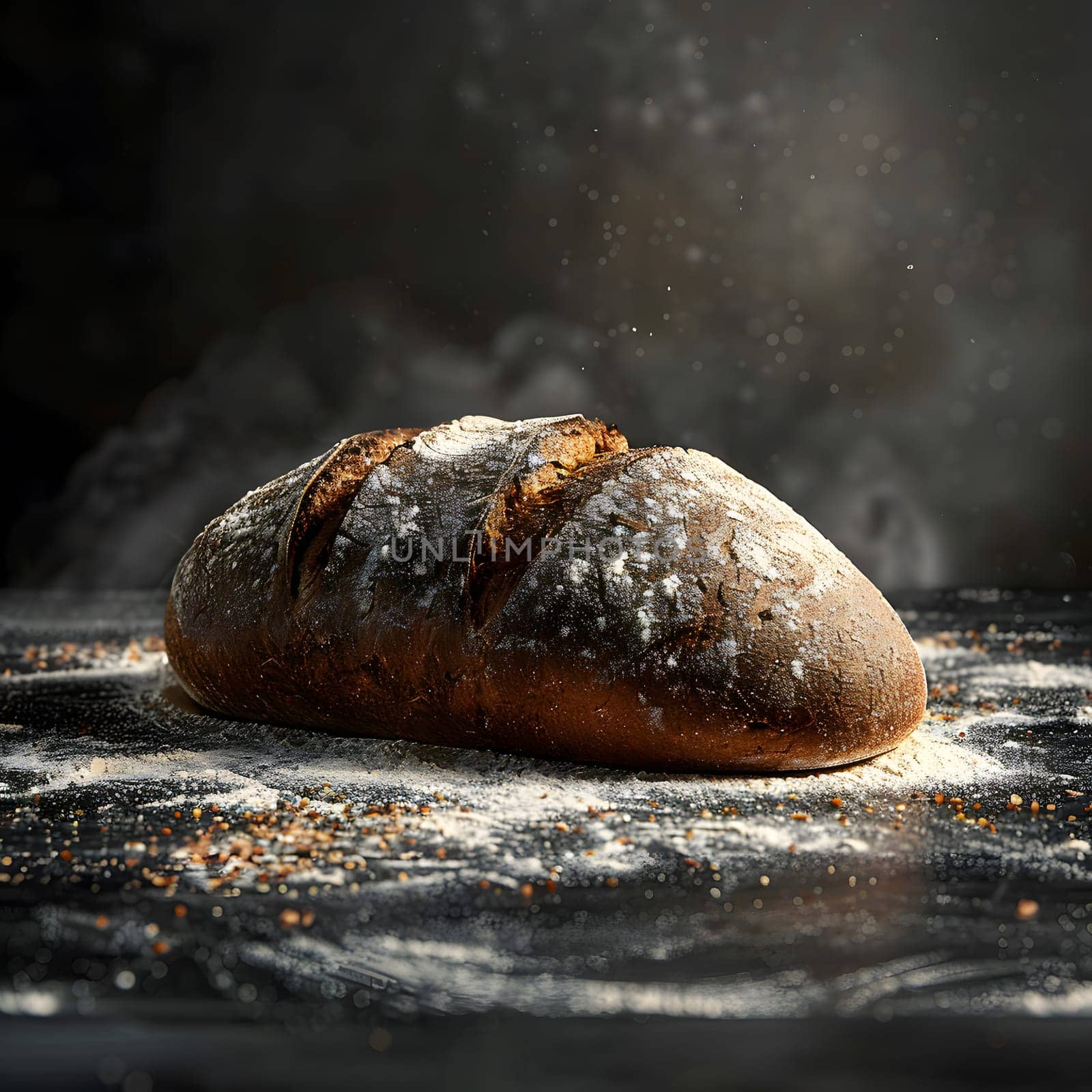 A plantbased food ingredient, a loaf of bread, is displayed on a wooden table covered in flour. The still life photography captures the beauty of this simple scene