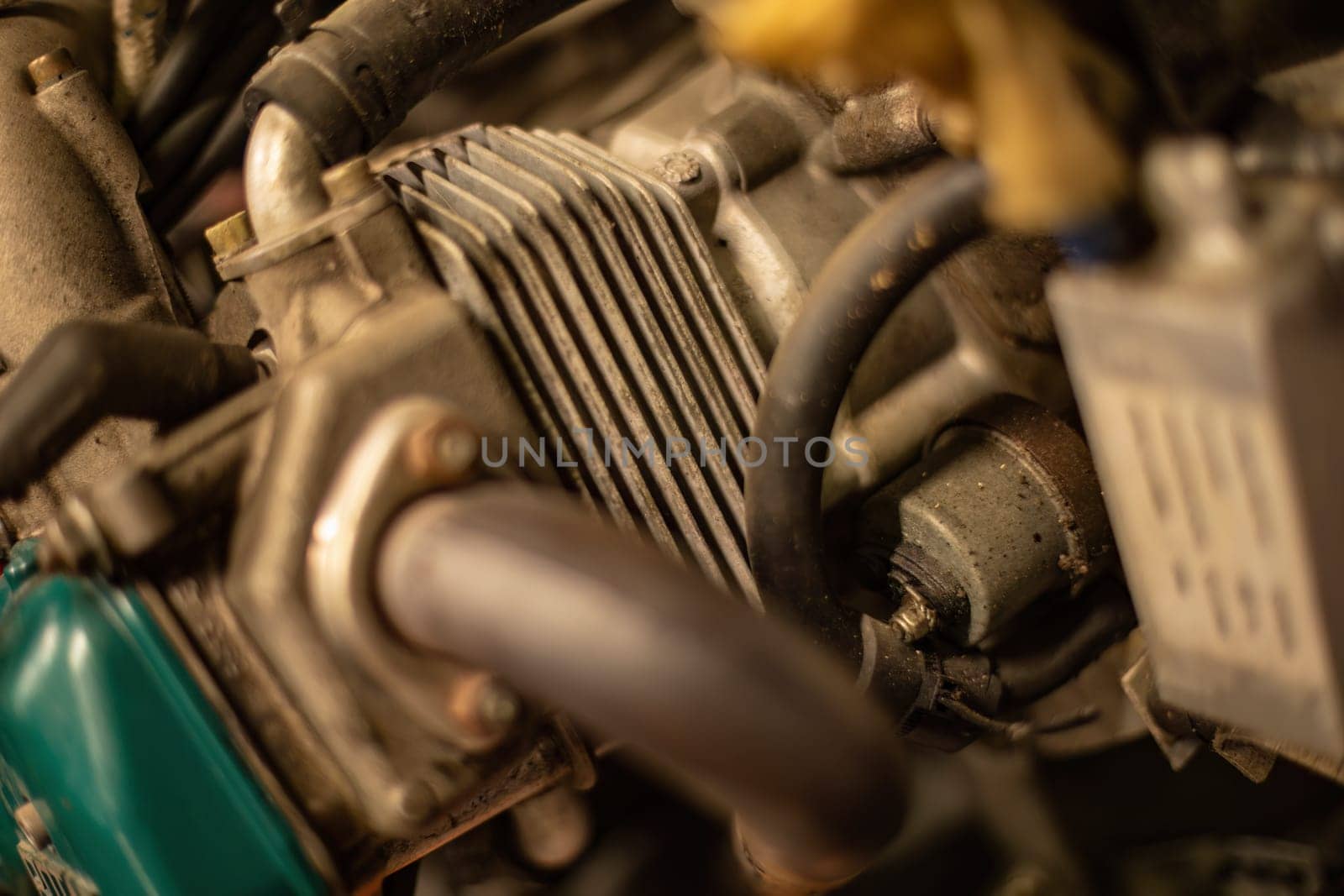 Close-up detail of an air-cooled engine, showcasing its unique cooling system and mechanical beauty.