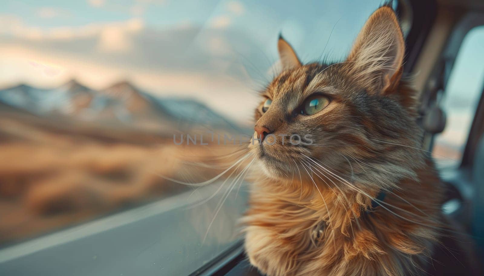 A cat is sitting in a car window looking out at the mountains by AI generated image by wichayada