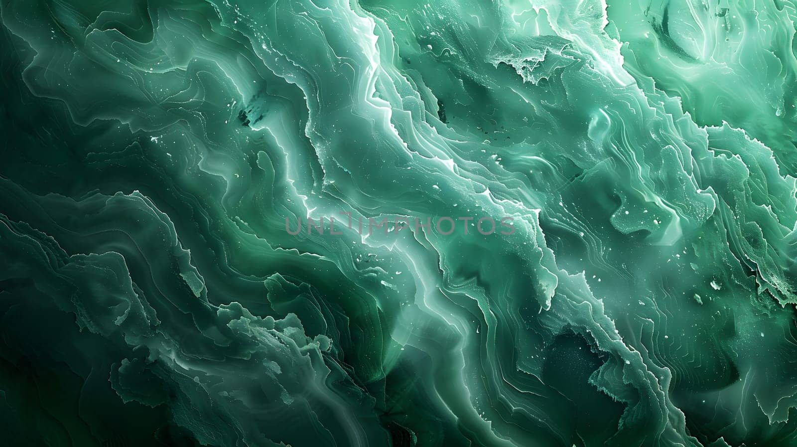 A detailed shot showcasing the fluid pattern of a green marble texture, resembling wind waves in a liquid form. The color palette ranges from cumulus to electric blue