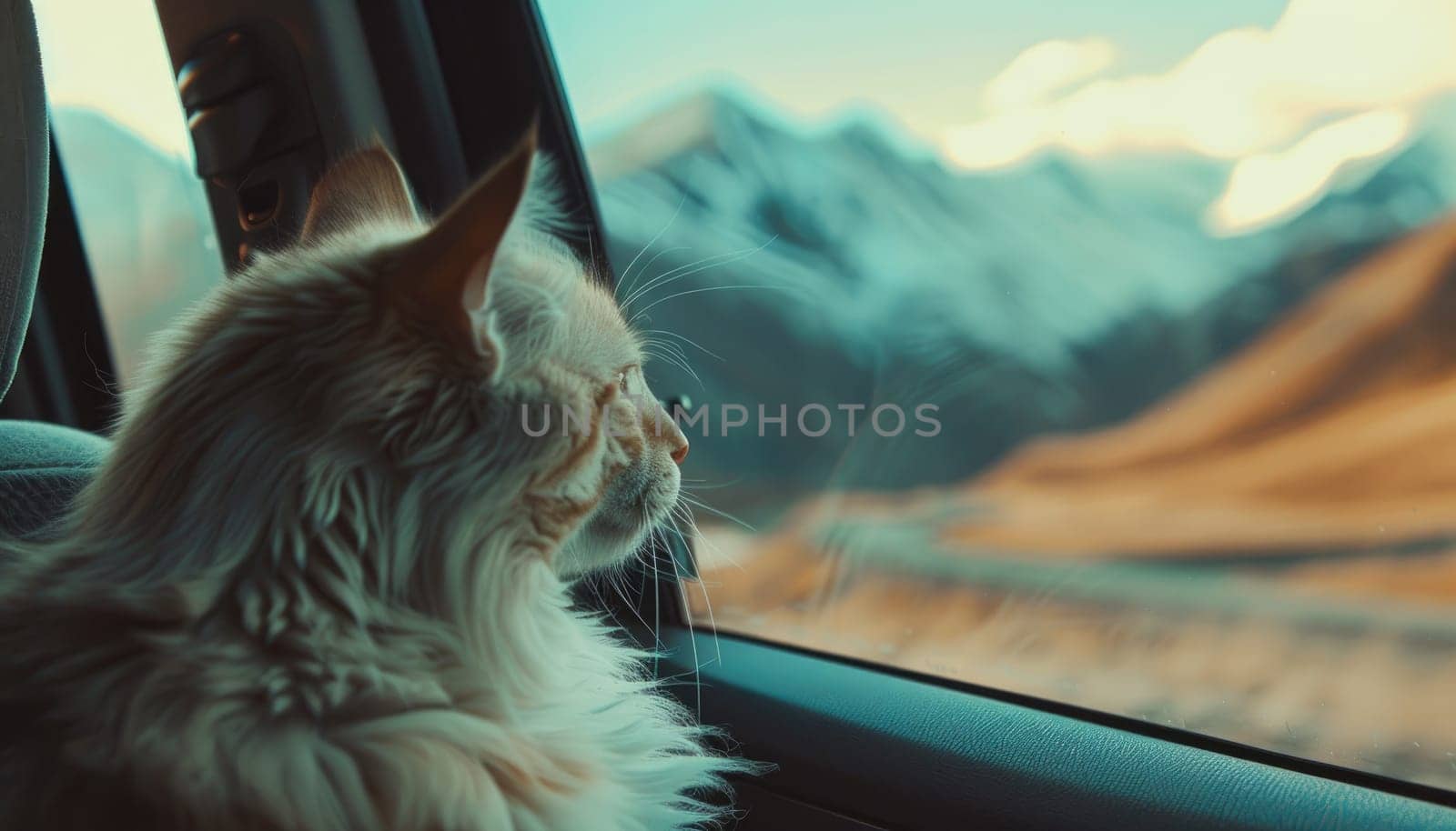 A cat is sitting in a car window looking out at the mountains by AI generated image.
