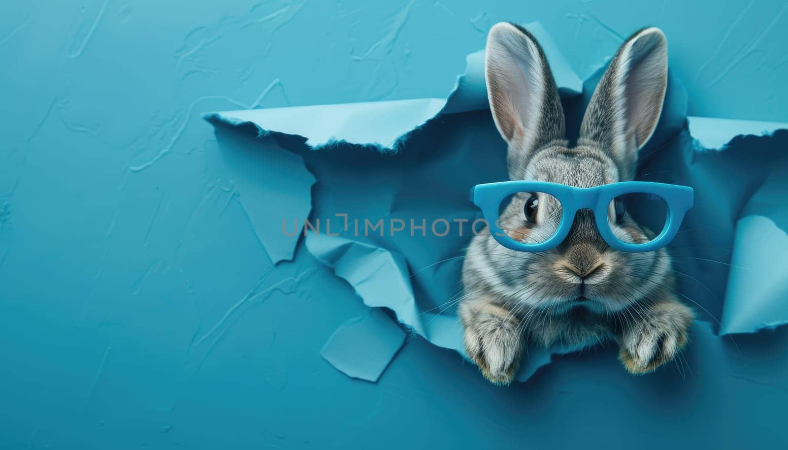 A rabbit wearing glasses is peeking out from a hole in a blue background by AI generated image.