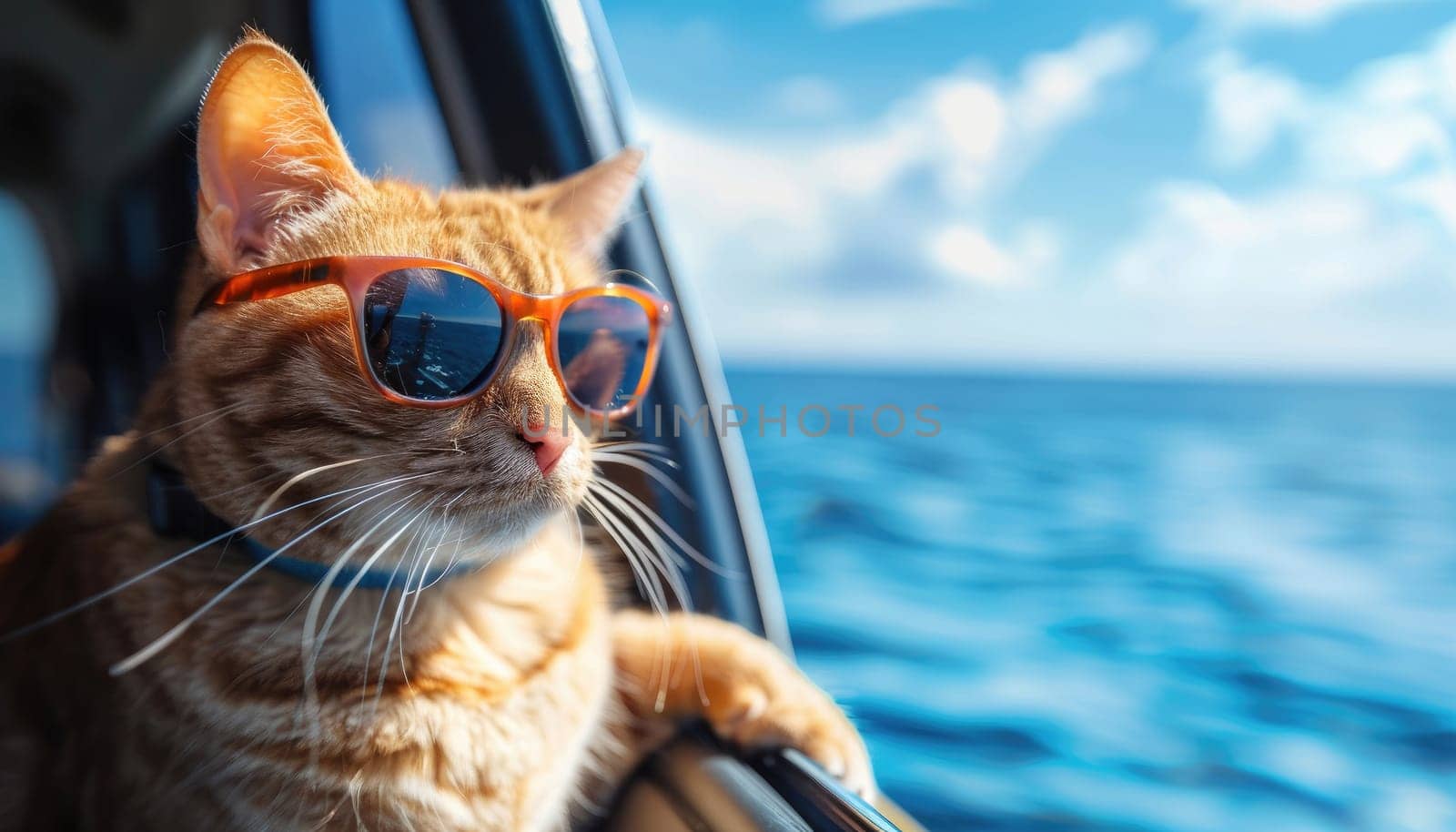 A cat wearing sunglasses is sitting in a car window by AI generated image.