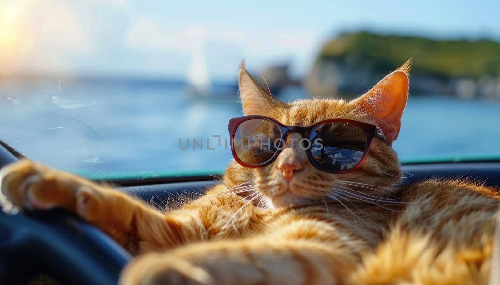 A cat wearing sunglasses is sitting in a car window by AI generated image by wichayada
