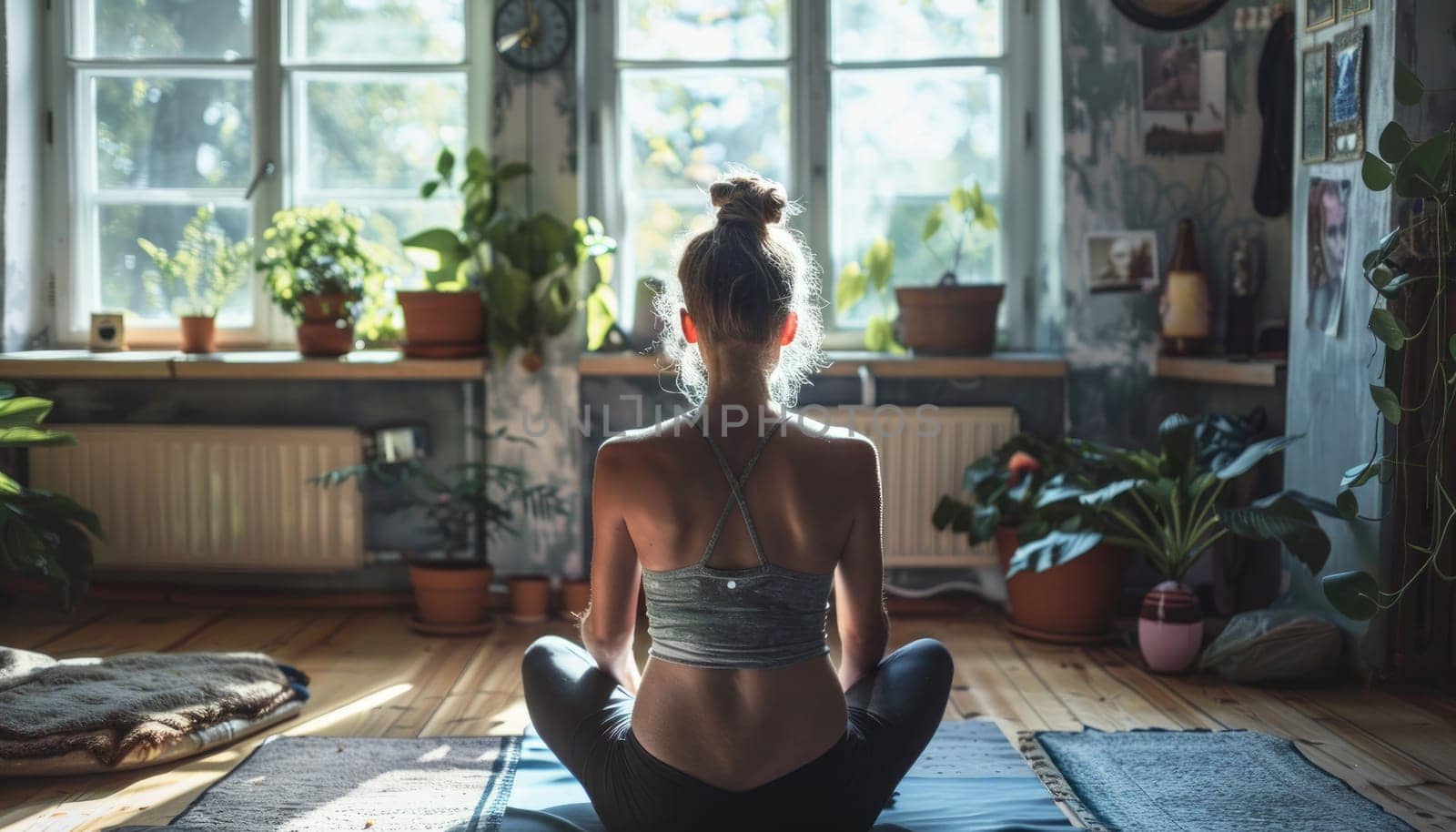 A woman is sitting on a mat in a room with plants by AI generated image.