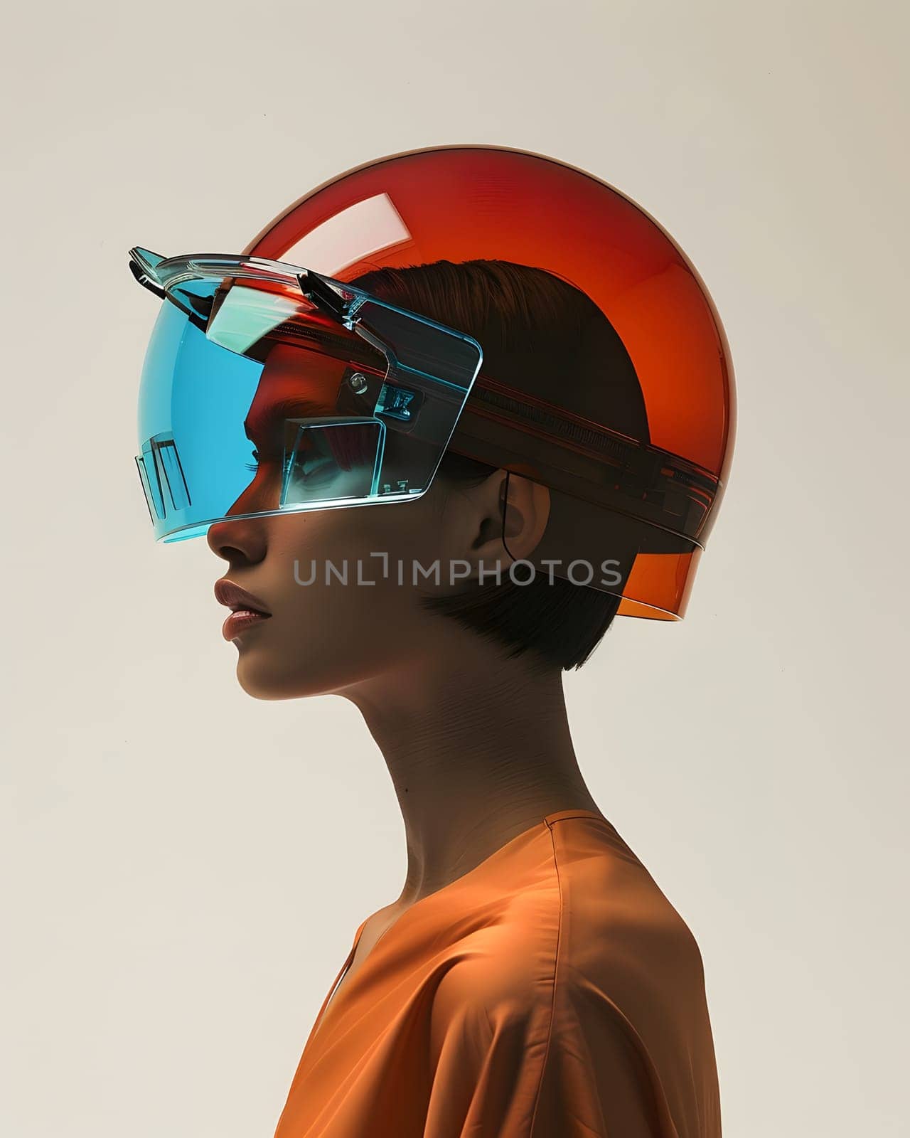 Woman in sports gear with red helmet and blue goggles for vision protection by Nadtochiy