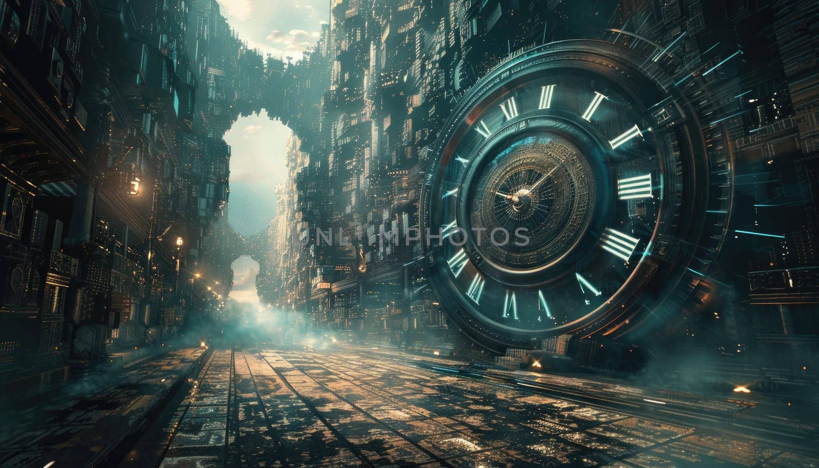 A clock with Roman numerals is in the middle of a city by AI generated image.