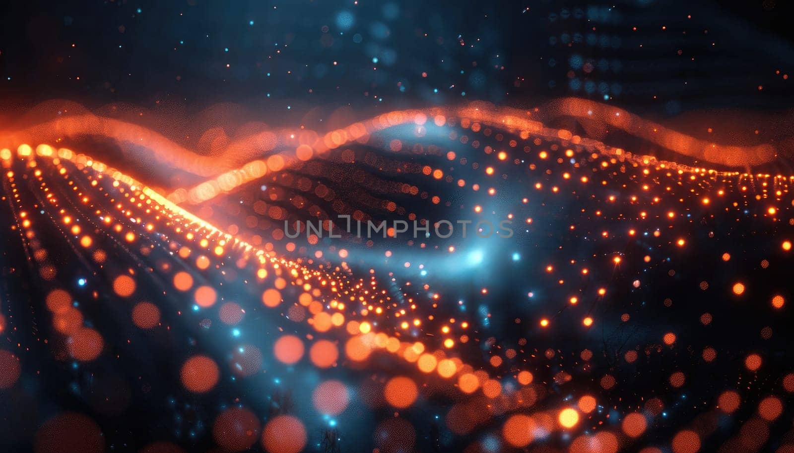 A blurry image of a wave with orange and blue dots by AI generated image.