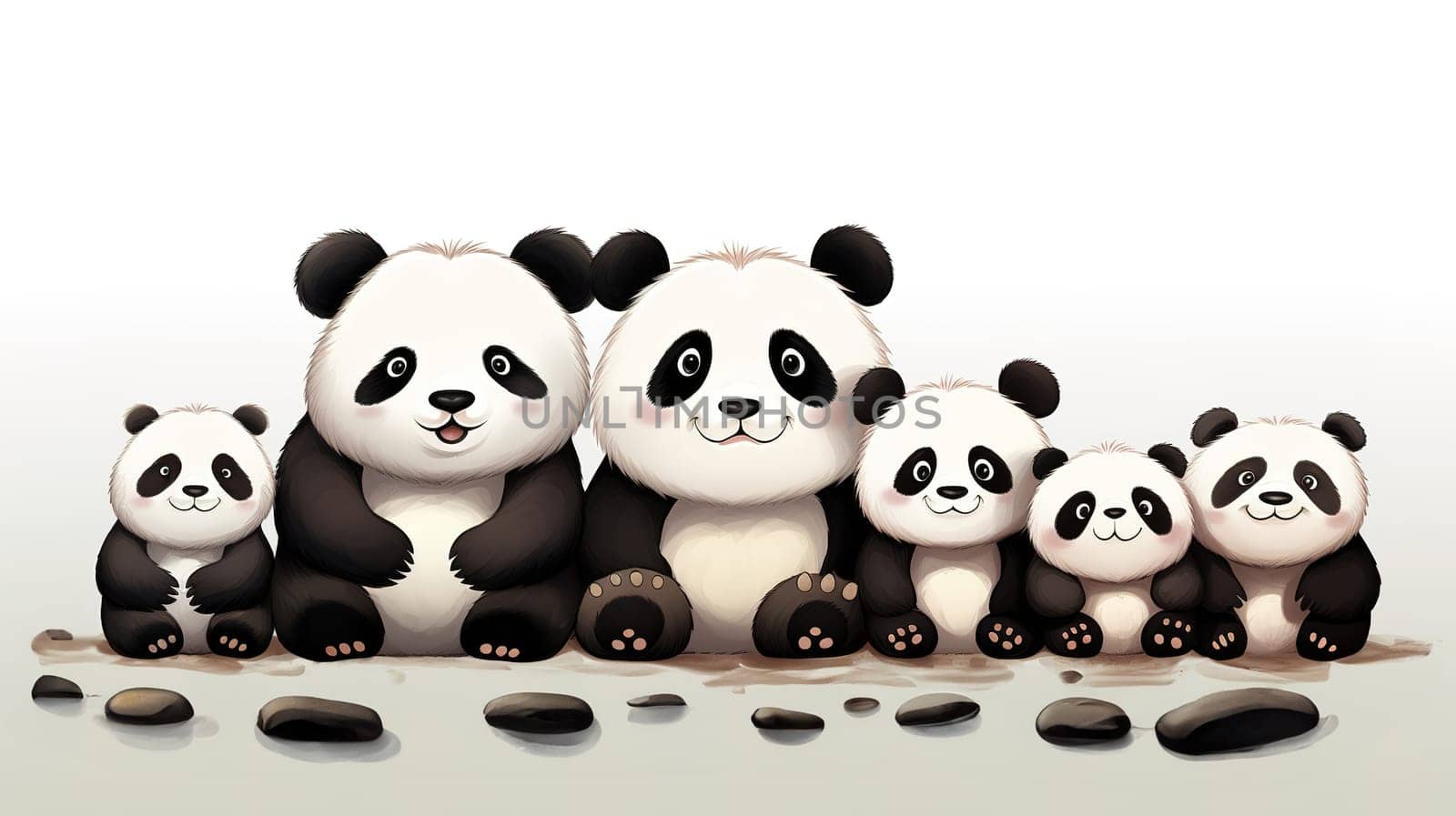 group portrait of a large family of cute fluffy pandas sitting amicably and peacefully next to each other, parents and their children, sacred Chinese animal, Generated AI