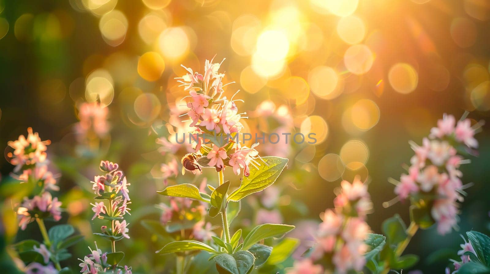 Blooming oregano in the garden under the soft rays of sunlight, honey bee on the inflorescences. AI generated.