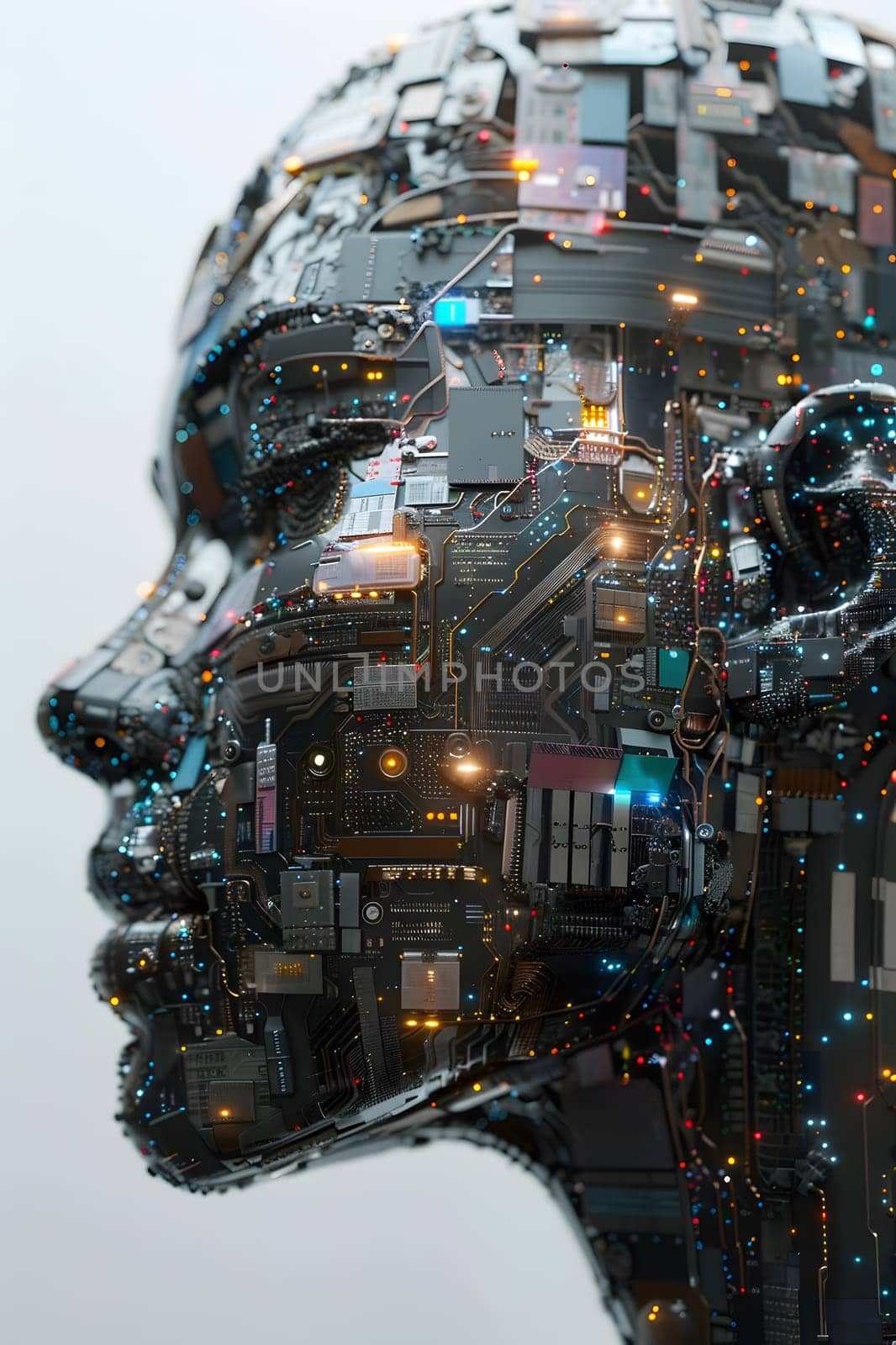 An artistic blend of urban design and engineering, a double exposure featuring a robots head against a city backdrop. A fusion of art, machine, and metal, creating a futuristic fashion accessory