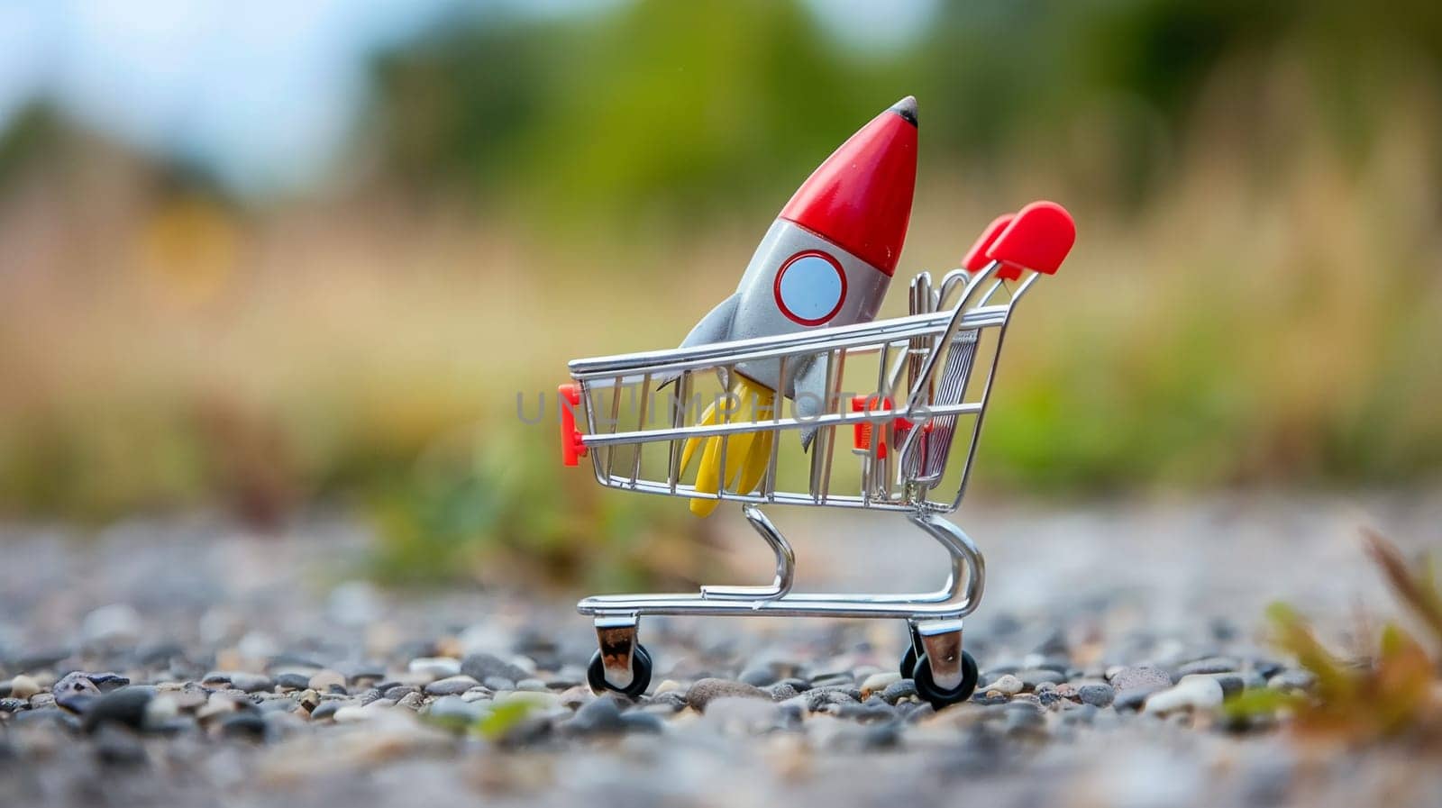 Creative concept of speed in consumerism depicted by miniature rocket in shopping cart on a pebble path.