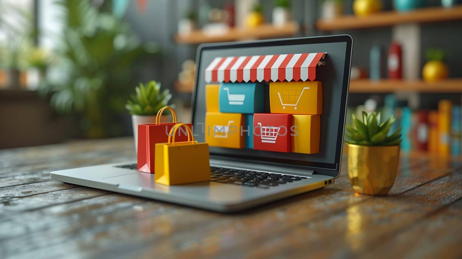 Conceptual image of online shopping displayed on laptop with colorful shopping bags and digital payment icons, indicating convenience and modern retail trends.