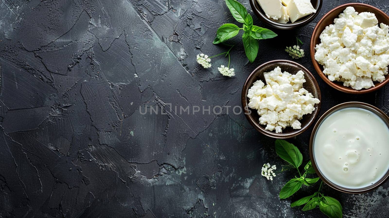 Assortment of dairy products including fresh milk, cottage cheese, butter, and sour cream decorated with basil on dark background