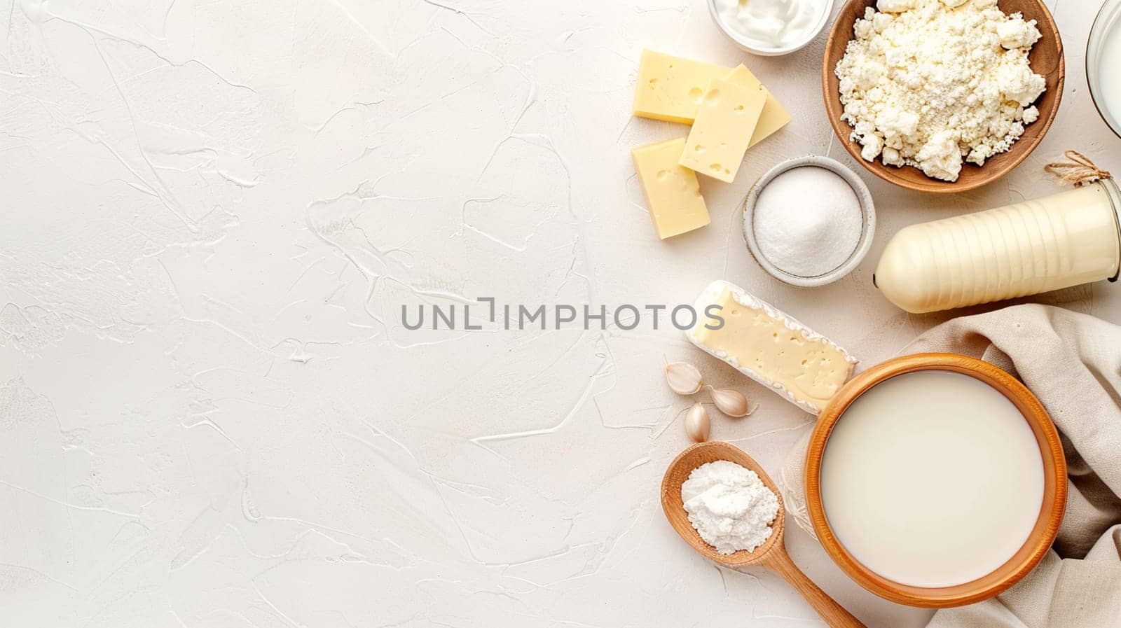 Top view of dairy products arrangement including milk, butter, cottage cheese, and sour cream on bright background. Healthy food concept with natural dairy ingredients.