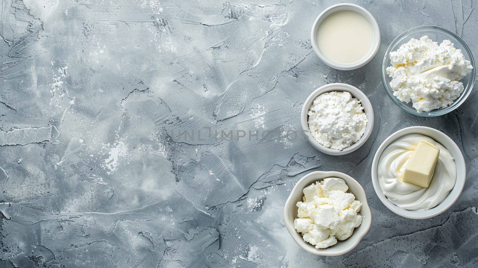 Bowls of fresh cottage cheese, sour cream, butter, and milk on a textured grey surface. Nutrition, healthy eating, dairy concept in natural light.