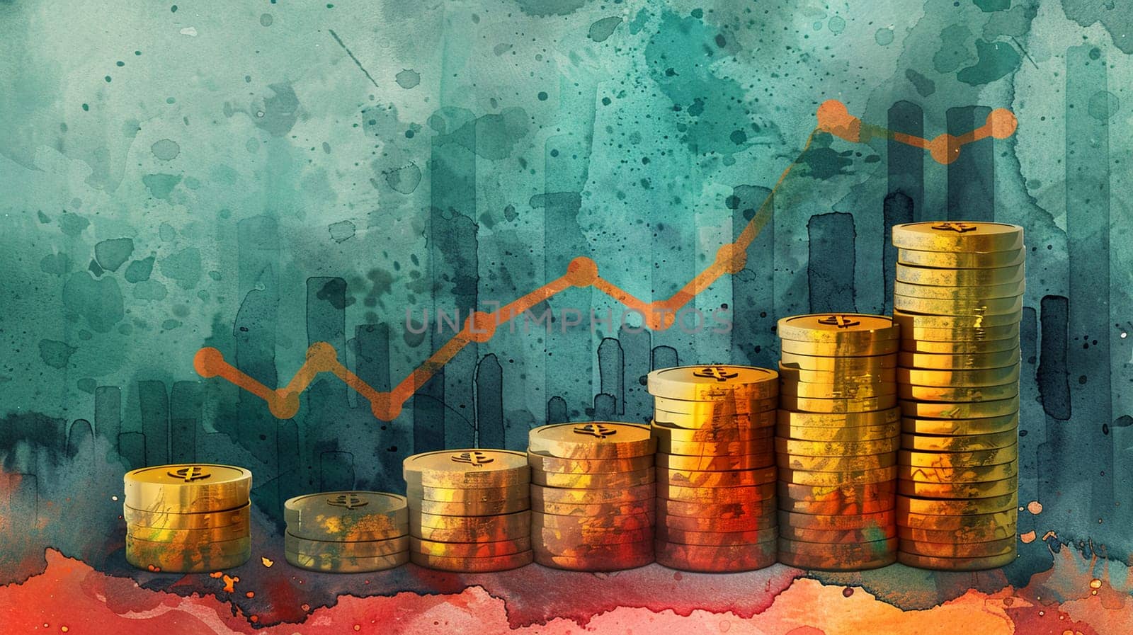 Illustration showing golden coins stacked in increasing height with an upward trending chart, symbolizing financial growth and investment success.