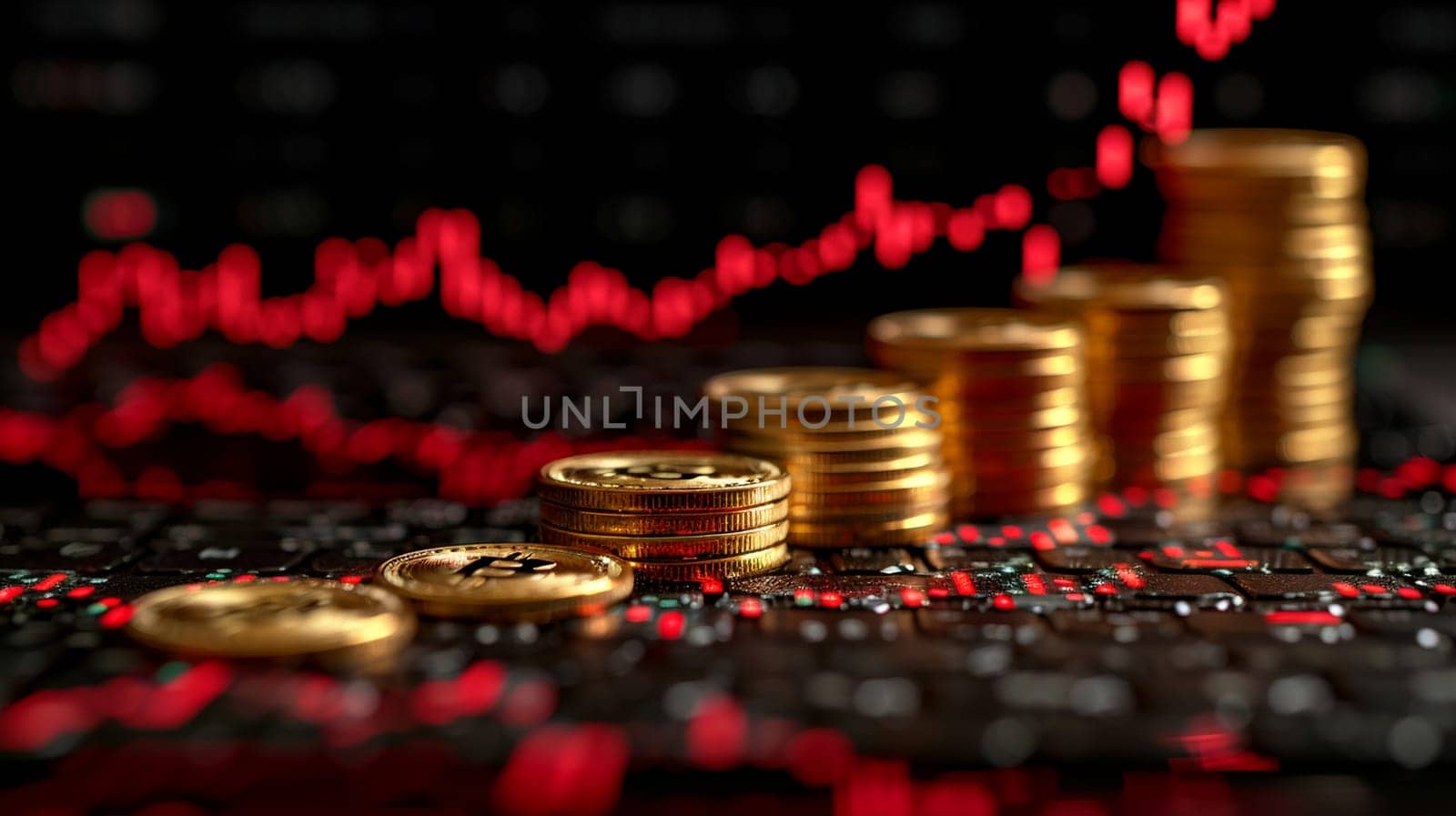 Close-up of golden coins stacked with a rising chart in background illustrating financial growth, investment success, and cryptocurrency trends.