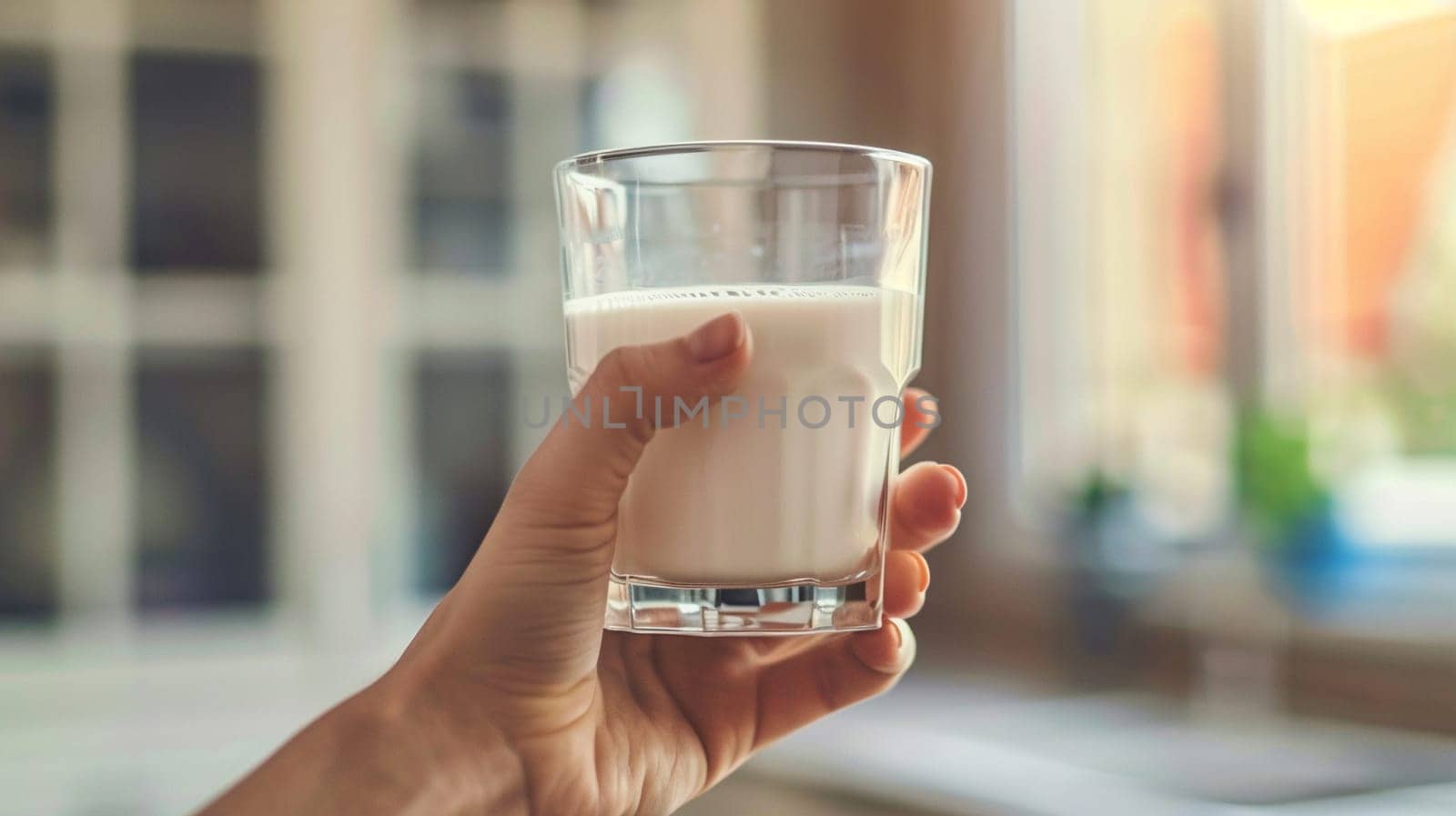 A detailed close-up capturing a hand presenting fresh milk in a clear glass, with a softly blurred background suggesting a cozy home environment.