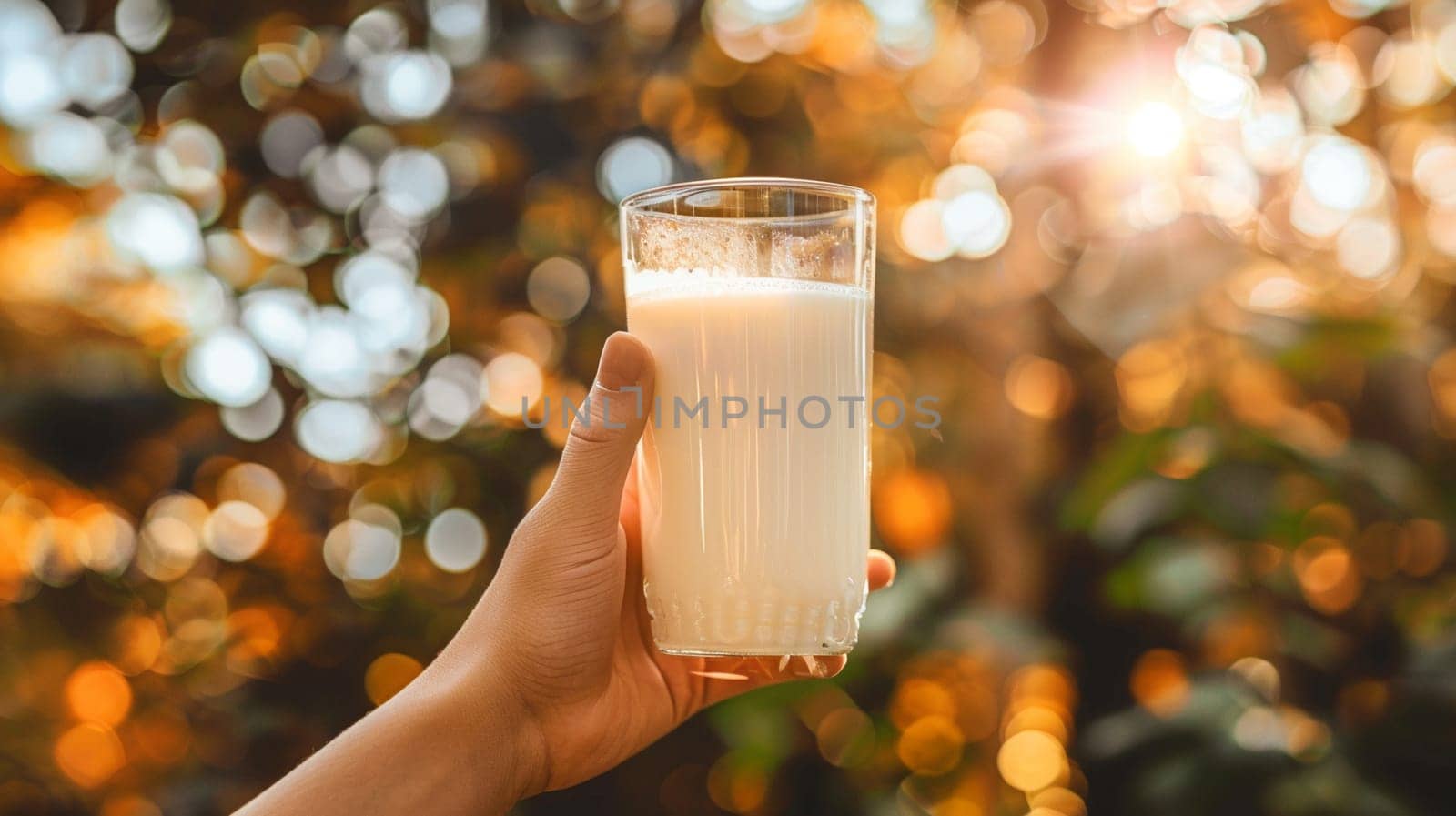 Close-up of a hand holding a fresh glass of milk with a blurred natural background and warm sunlight shining through.