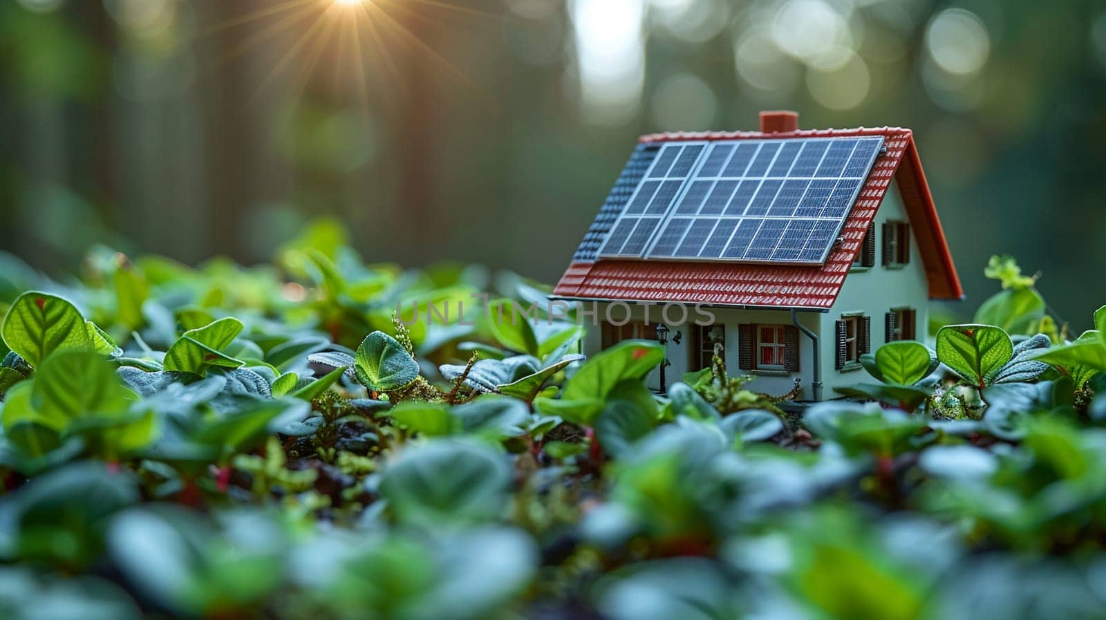 Conceptual image of a sustainable home with solar panels on roof surrounded by lush greenery, symbolizing eco-friendly living and renewable energy integration.