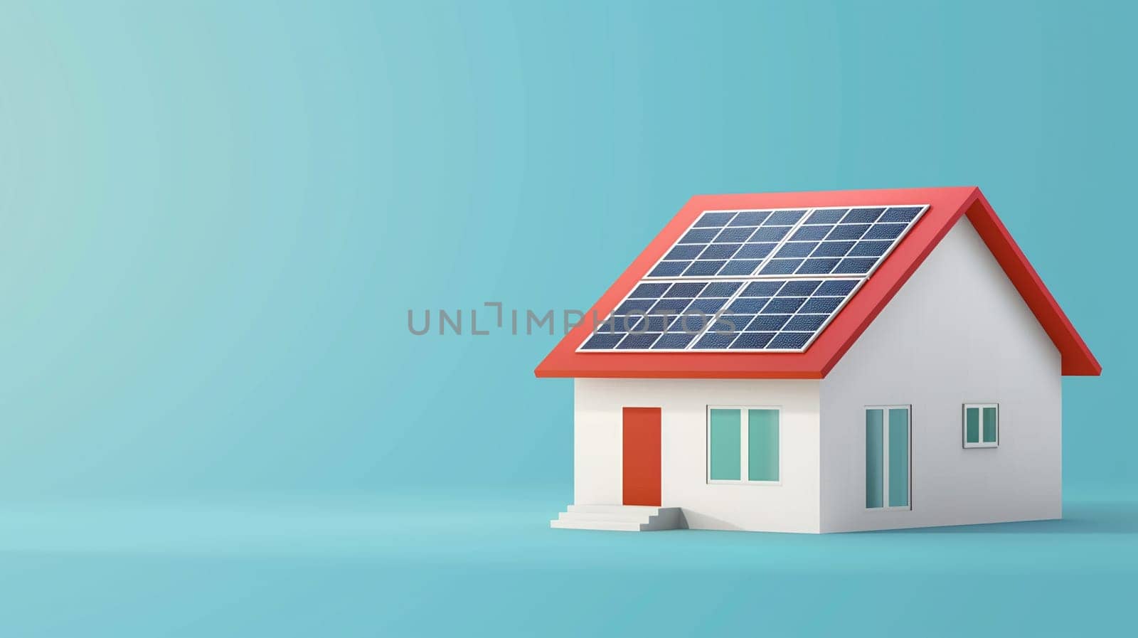 Eco-friendly modern home with efficient solar panel system on roof standing against a clear blue background, symbolizing sustainability and renewable energy.