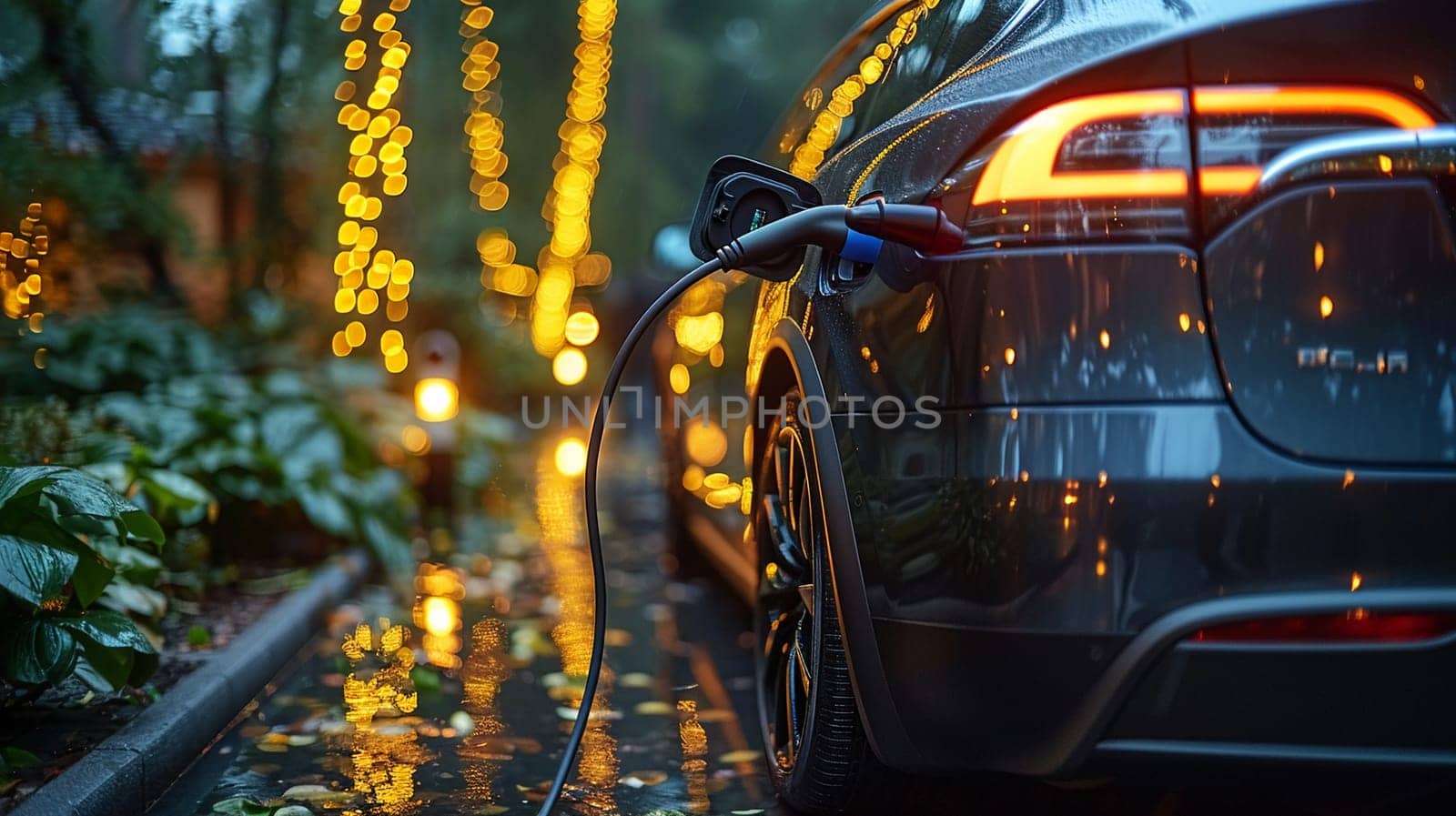 Sustainable transportation concept with electric vehicle charging at illuminated station on city street during rainy twilight. Eco-friendly travel and technology innovation.