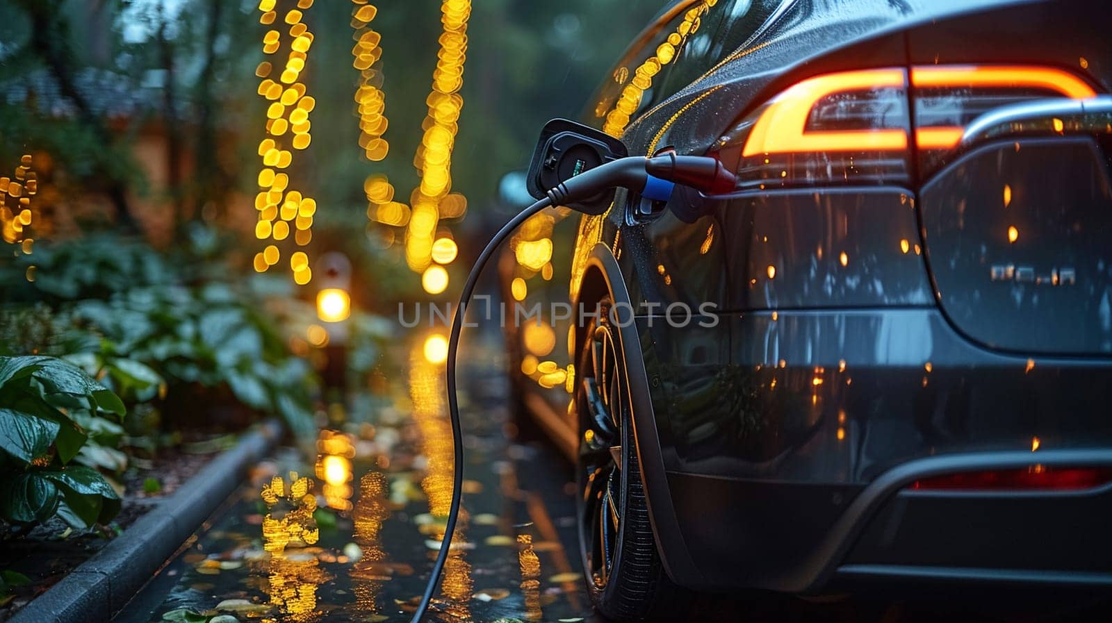 Sustainable transportation concept with electric vehicle charging at illuminated station on city street during rainy twilight. Eco-friendly travel and technology innovation.