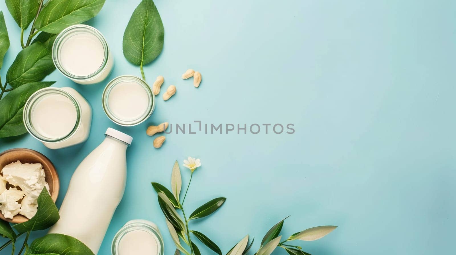 Variety of dairy products including milk, cheese, and yogurt displayed beautifully against a vibrant blue backdrop, symbolizing freshness, health, and diet.