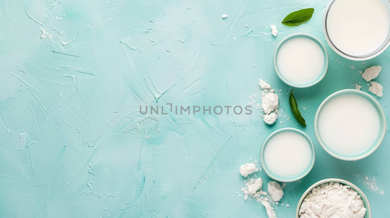 Dairy products including milk and cottage cheese displayed on a bright turquoise surface. Freshness, health, and nutrition concept with copy space.