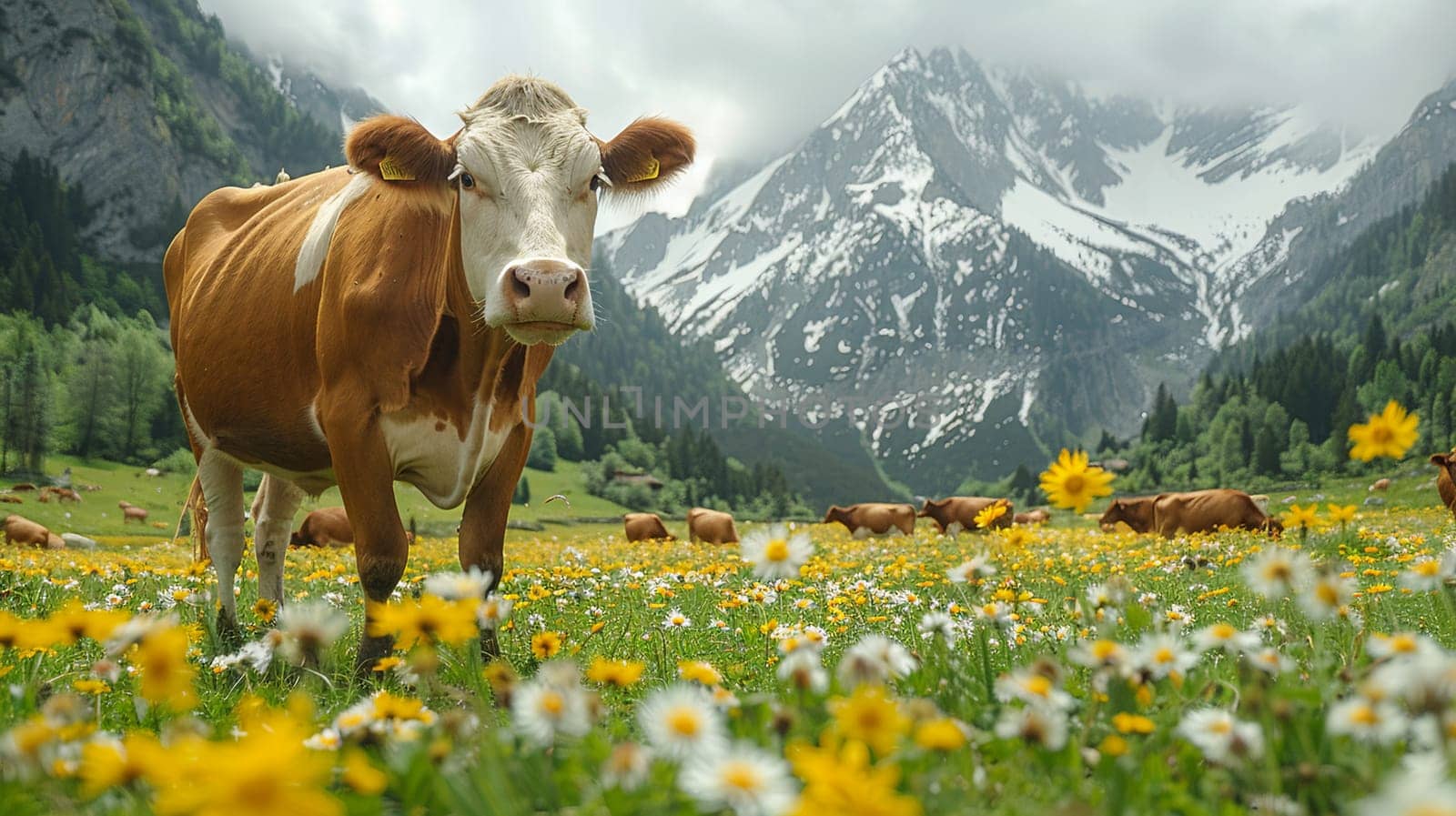 Idyllic scene of a brown cow standing amid vibrant wildflowers with snowy mountains and peaceful grazing cows in background showcasing rural beauty and natural farming.