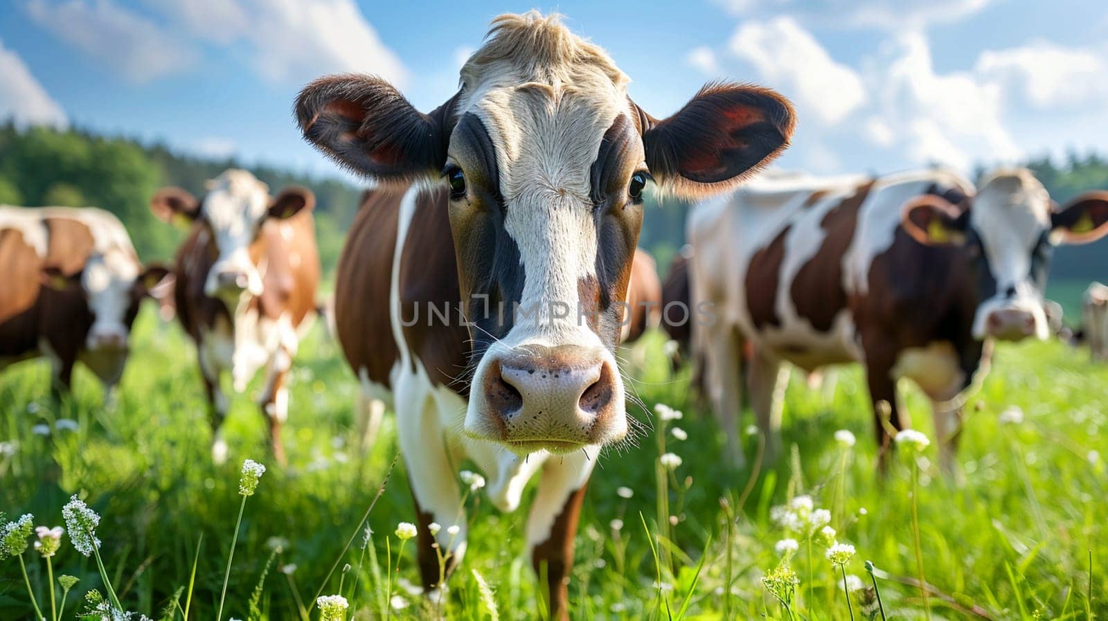 Herd of cows enjoying fresh grass in a sunny meadow, showcasing dairy farming, agriculture, and rural life under blue skies.