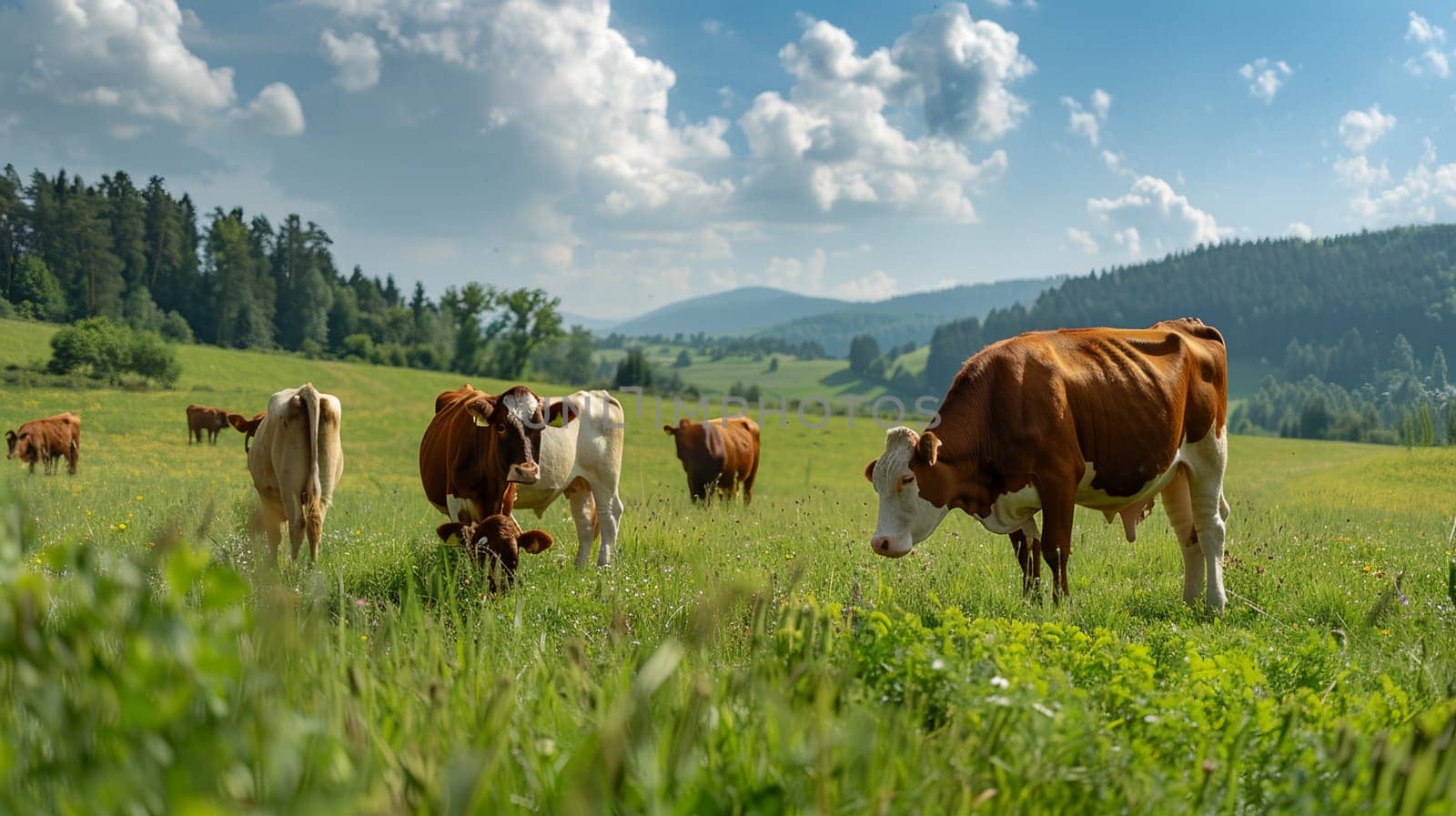 Herd of cows grazing on lush green pasture in countryside landscape with blue sky, trees and hills in background, farming and rural life concept.