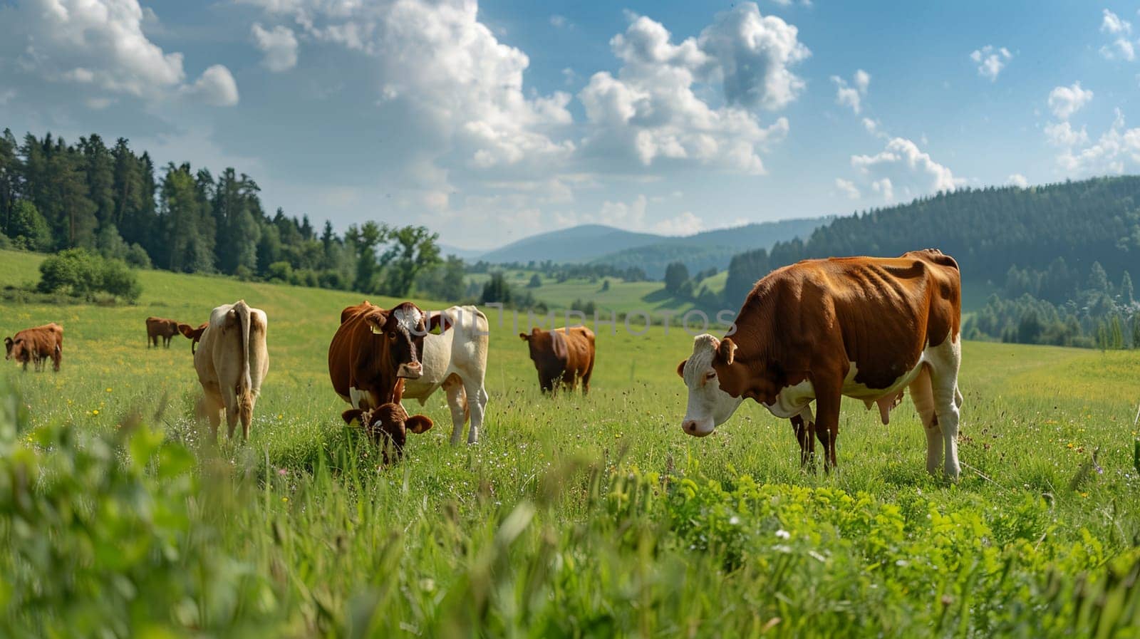 Herd of cows grazing on lush green pasture in countryside landscape with blue sky, trees and hills in background, farming and rural life concept. by Yevhen89