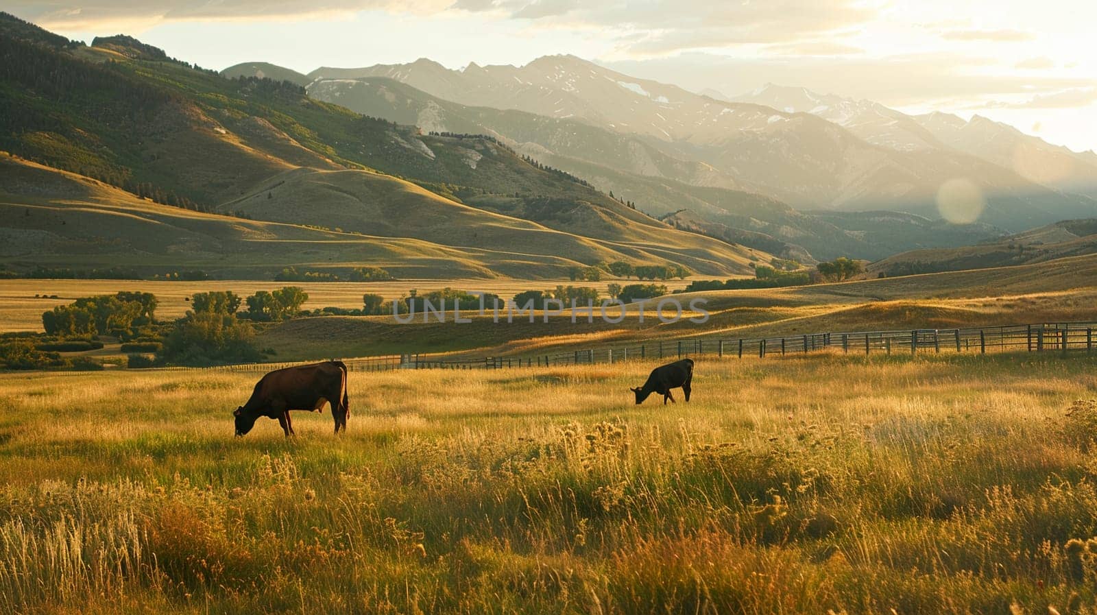 Idyllic scene of cows grazing on lush grass in meadow during golden hour with picturesque mountains in background, symbolizing tranquility and agriculture.