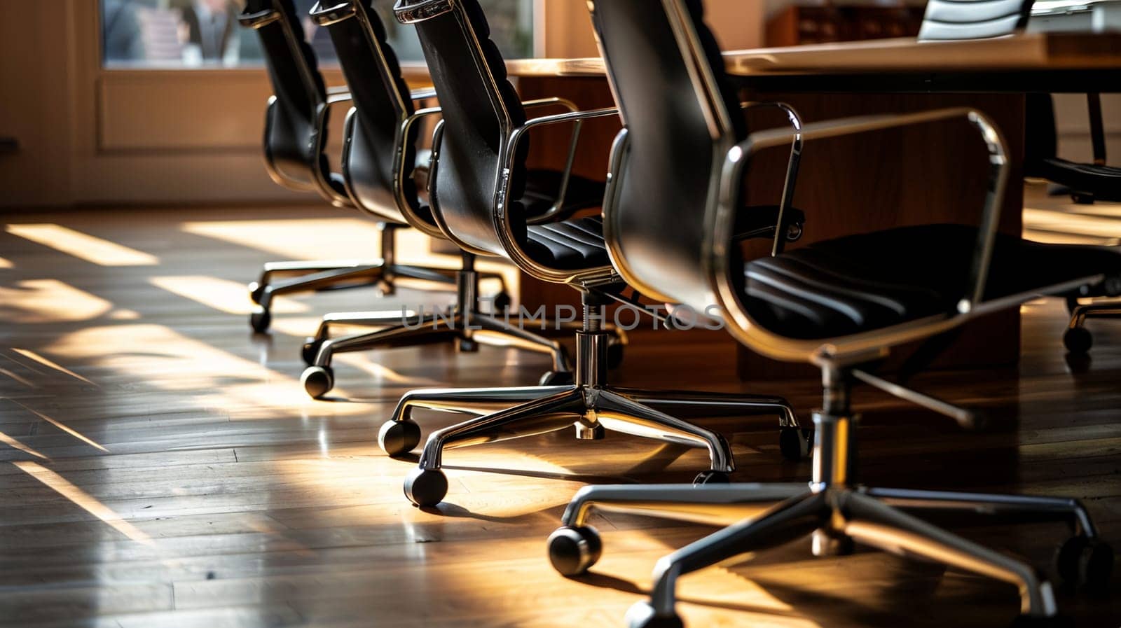 Elegant black chairs lined around a polished wooden conference table in modern office setting with natural sunlight