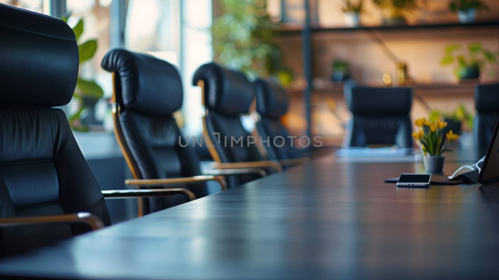 Elegant corporate meeting space in modern office with black leather chairs, wooden table, and bright natural light from windows.