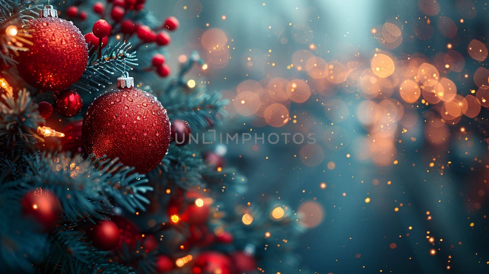 Close-up of red Christmas balls adorned with droplets and berries on fir tree branches, with sparkling bokeh lights in background creating a warm holiday atmosphere.