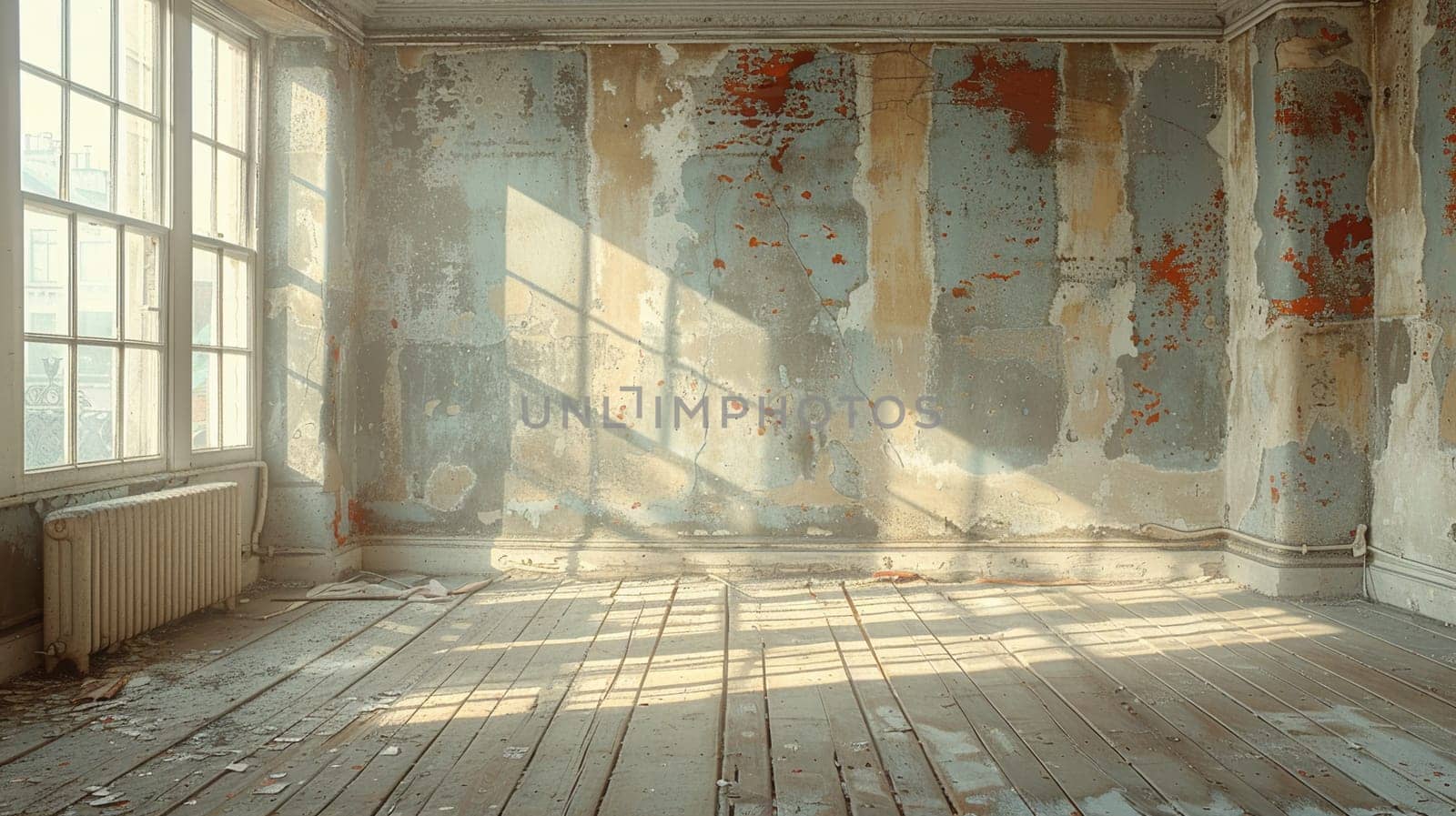 Spacious room in need of renovation captures a play of light and shadows on worn wooden floors and walls with peeling paint.