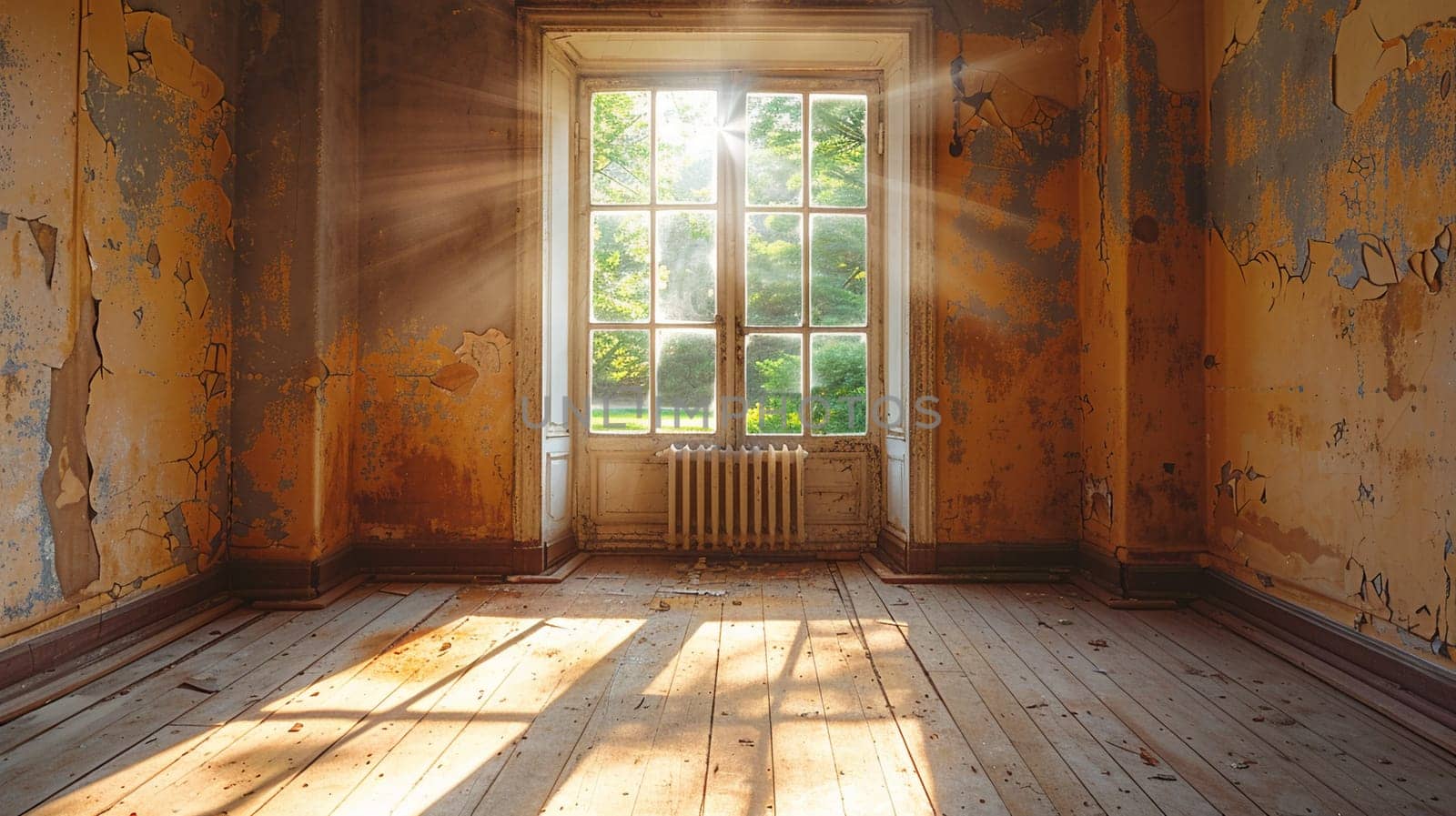 Natural light pours through large window highlighting decay in abandoned room. Peeling paint, old floorboards, and textured walls convey nostalgia and desolation.