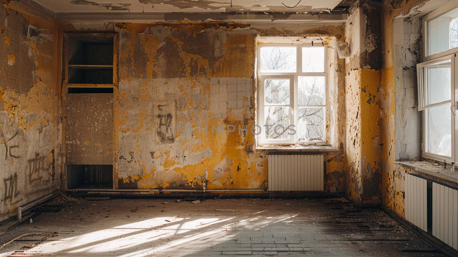Illuminated view of an old, dilapidated apartment with peeling paint and visible decay under natural sunlight through windows.